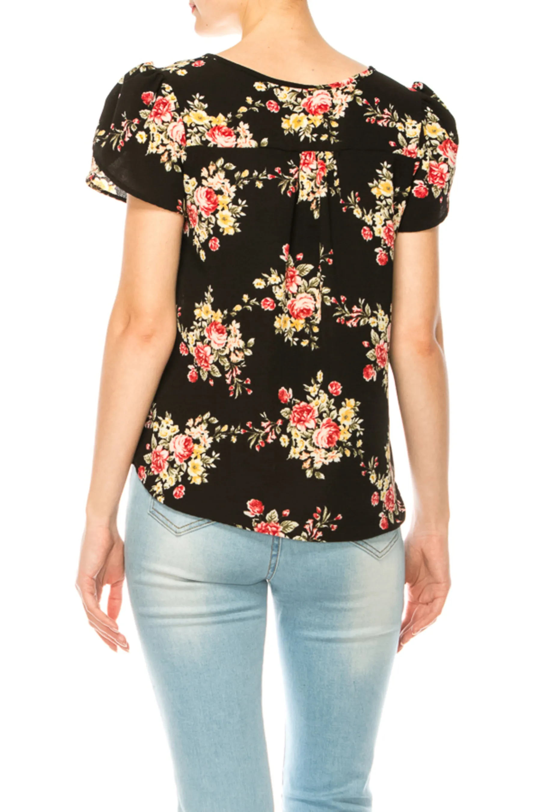 Women's Polka Dot Overlapping Short Sleeve Ribbon Accent Top