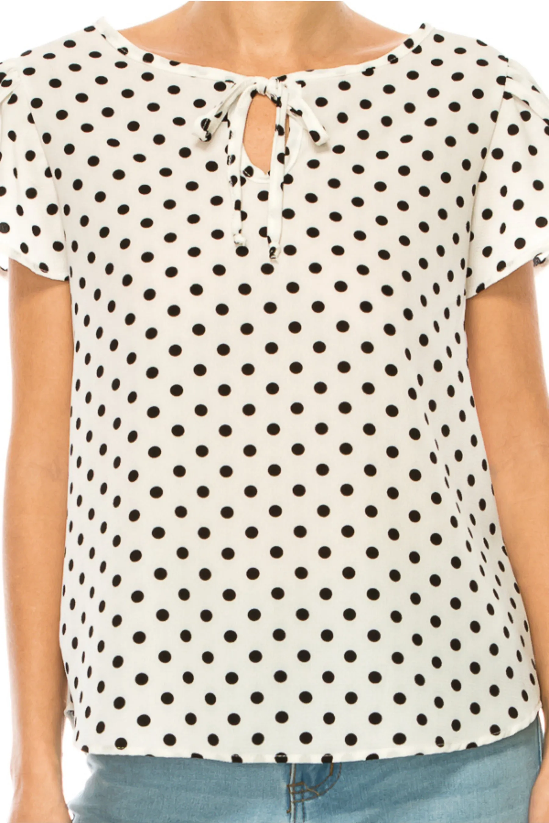 Women's Polka Dot Overlapping Short Sleeve Ribbon Accent Top