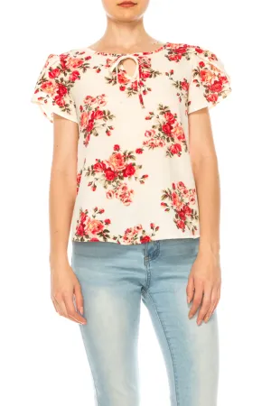 Women's Polka Dot Overlapping Short Sleeve Ribbon Accent Top