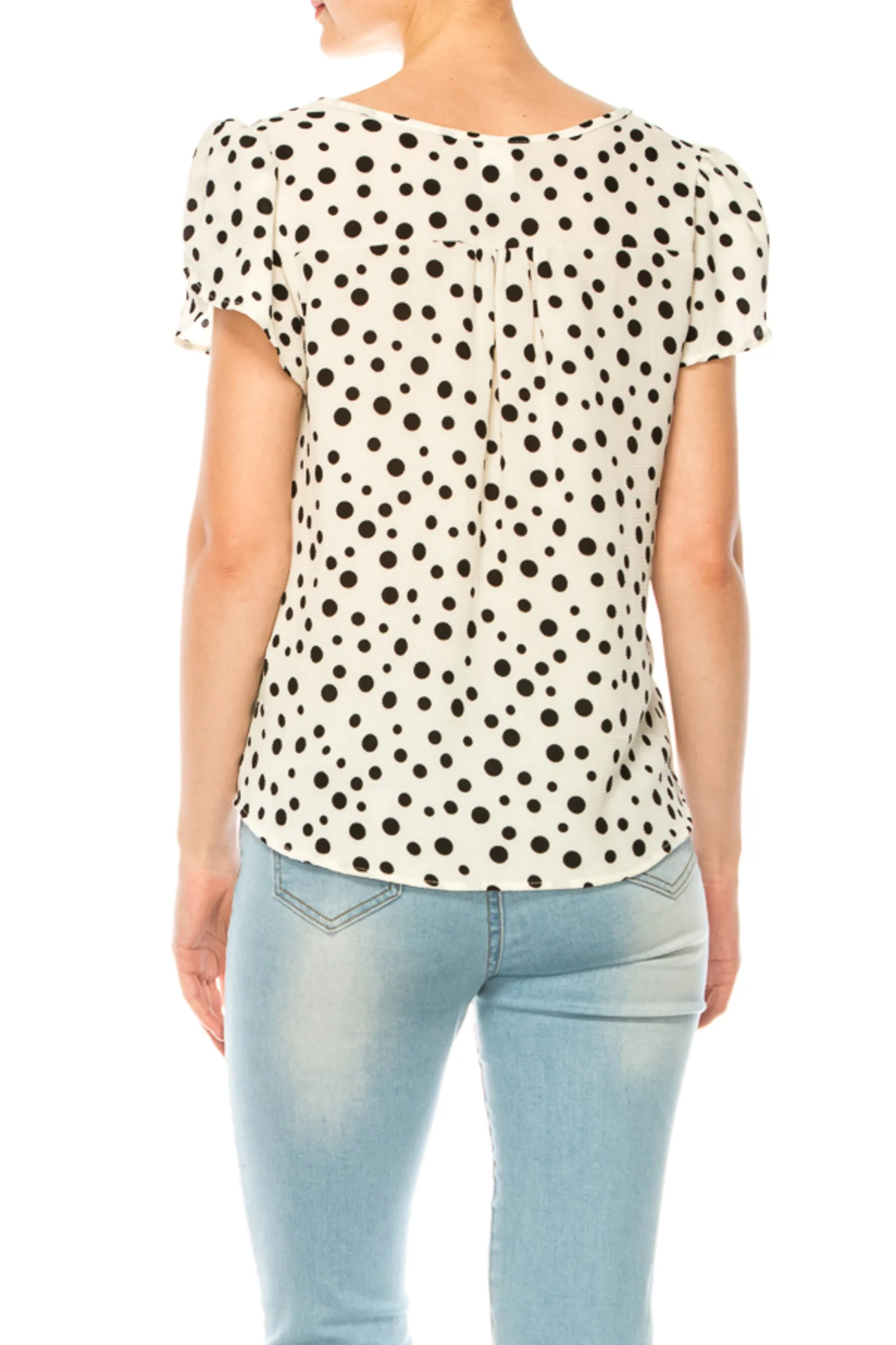 Women's Polka Dot Overlapping Short Sleeve Ribbon Accent Top