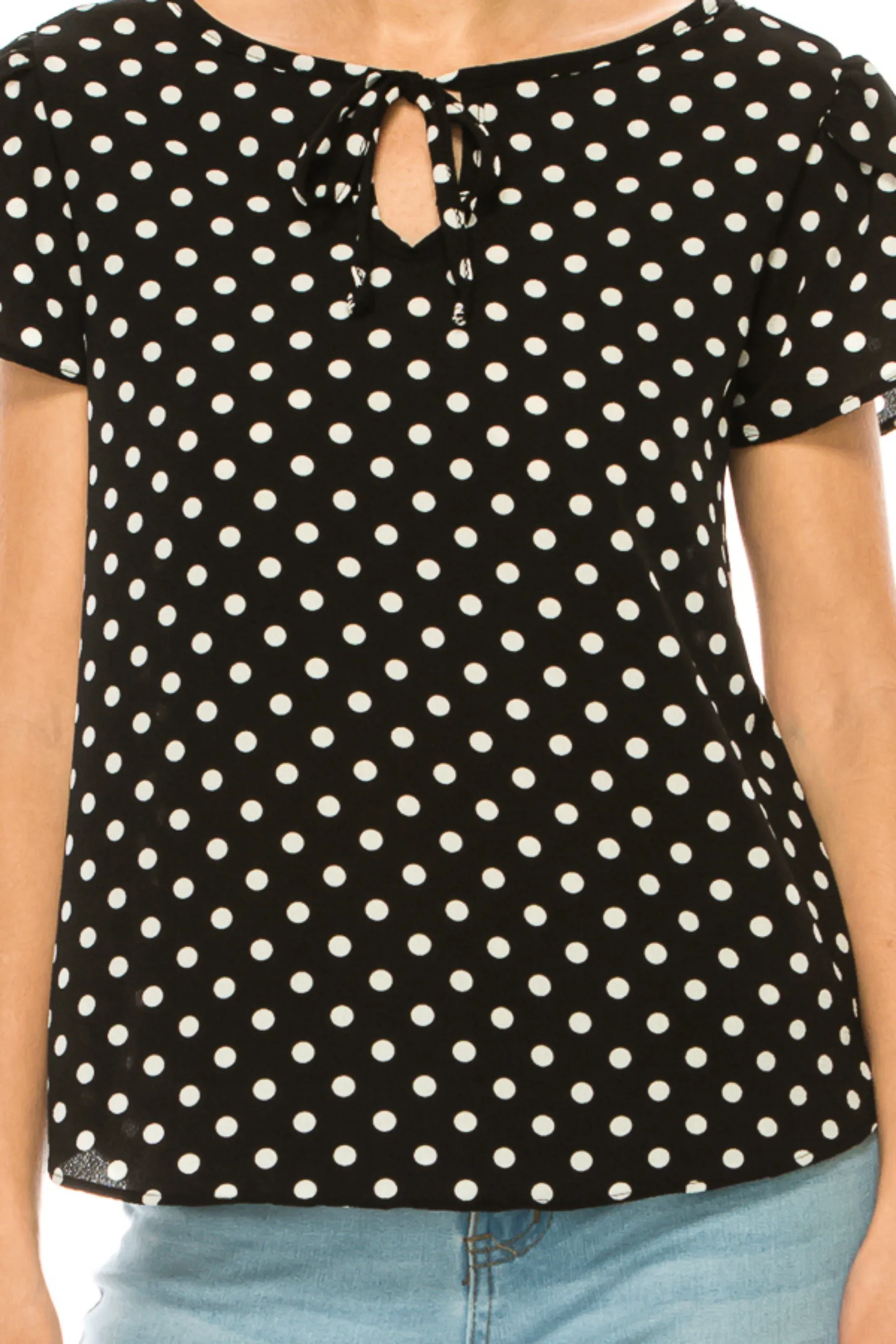 Women's Polka Dot Overlapping Short Sleeve Ribbon Accent Top