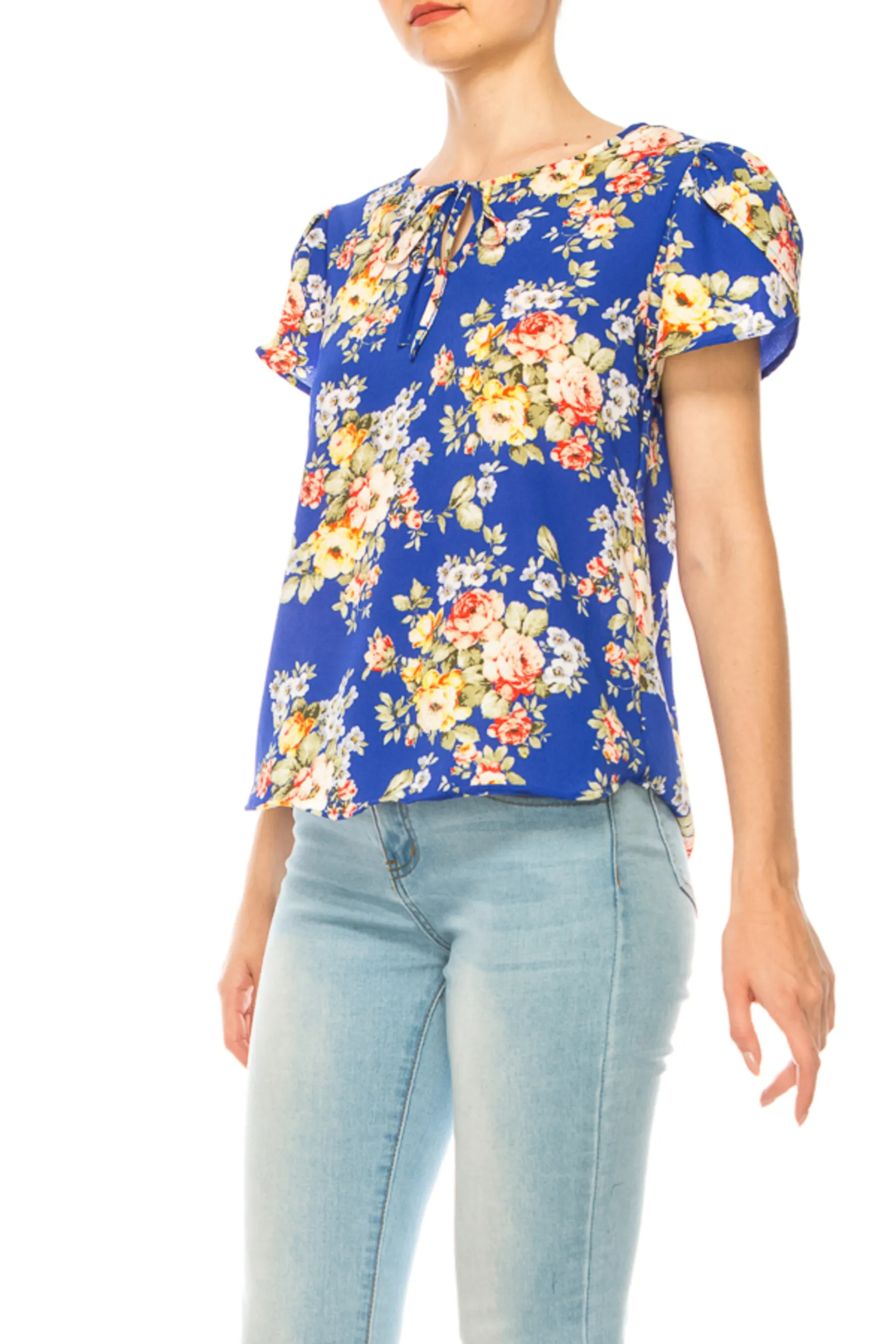Women's Polka Dot Overlapping Short Sleeve Ribbon Accent Top