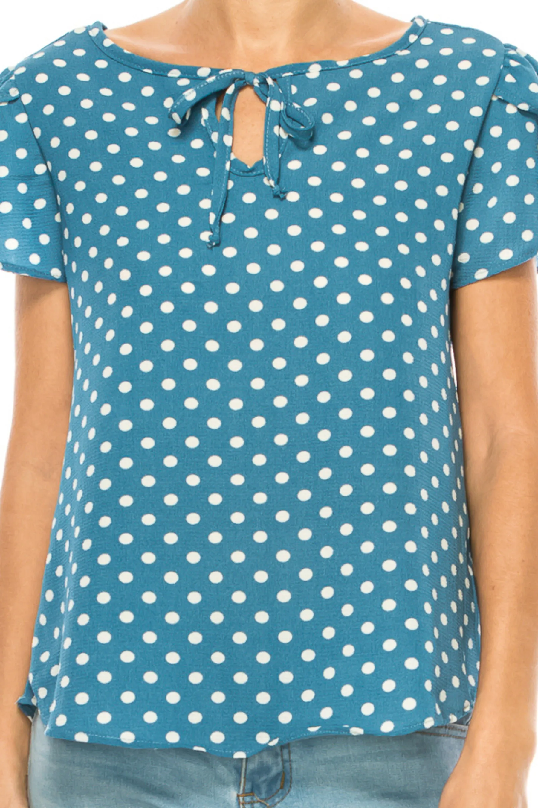 Women's Polka Dot Overlapping Short Sleeve Ribbon Accent Top