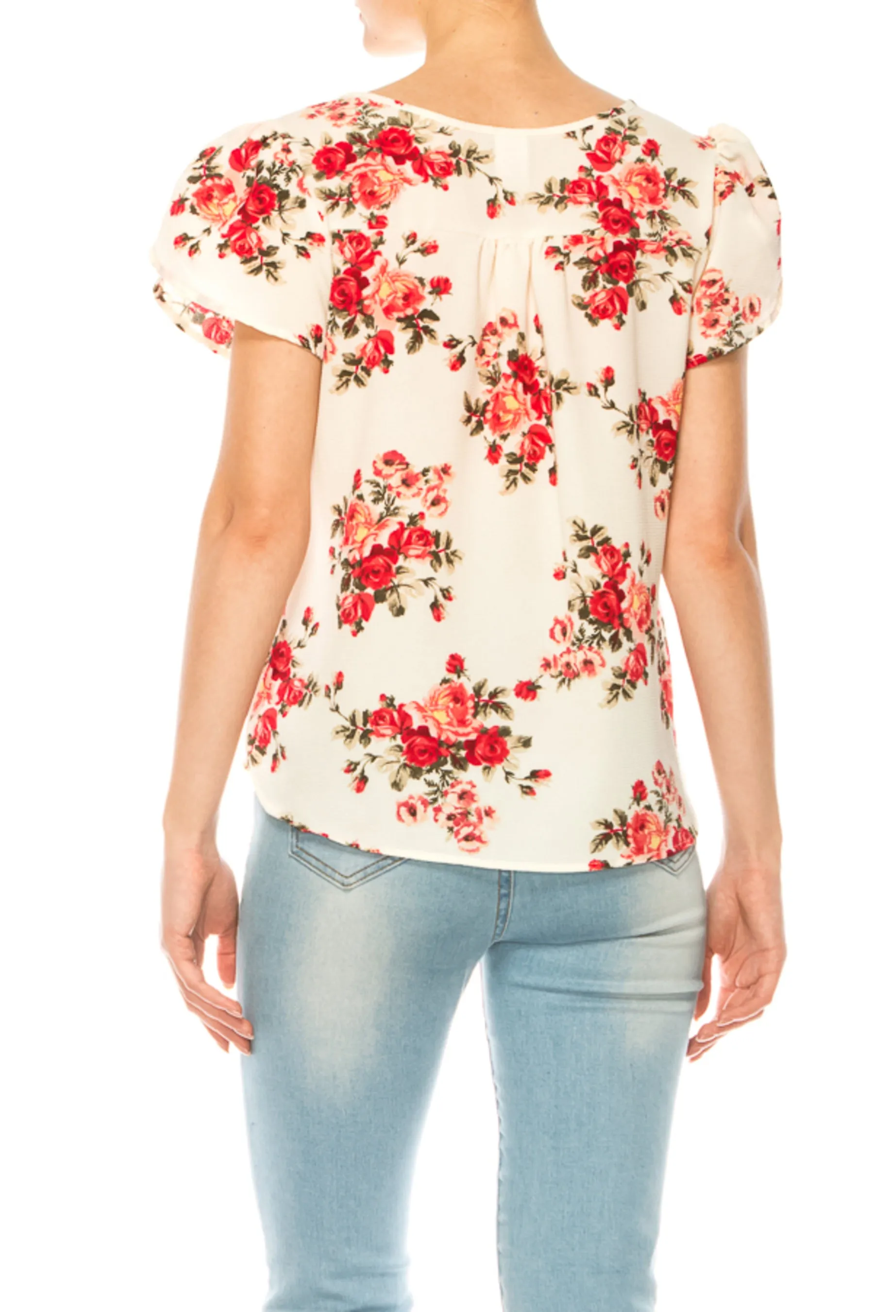 Women's Polka Dot Overlapping Short Sleeve Ribbon Accent Top