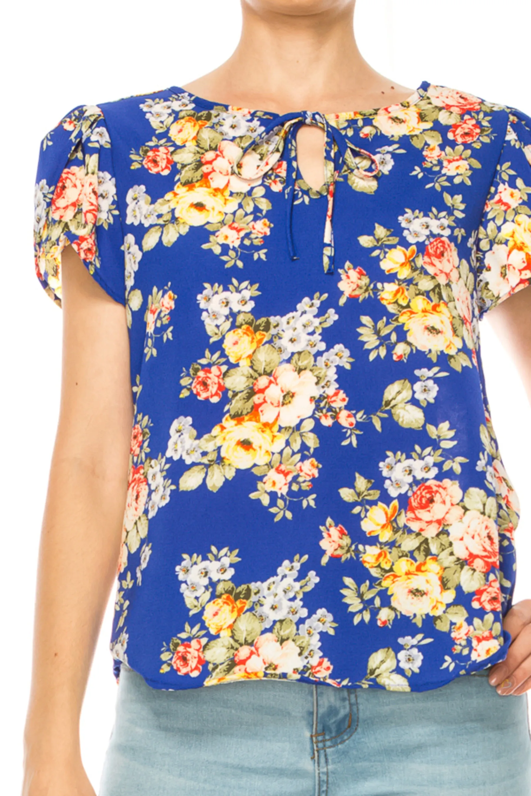 Women's Polka Dot Overlapping Short Sleeve Ribbon Accent Top