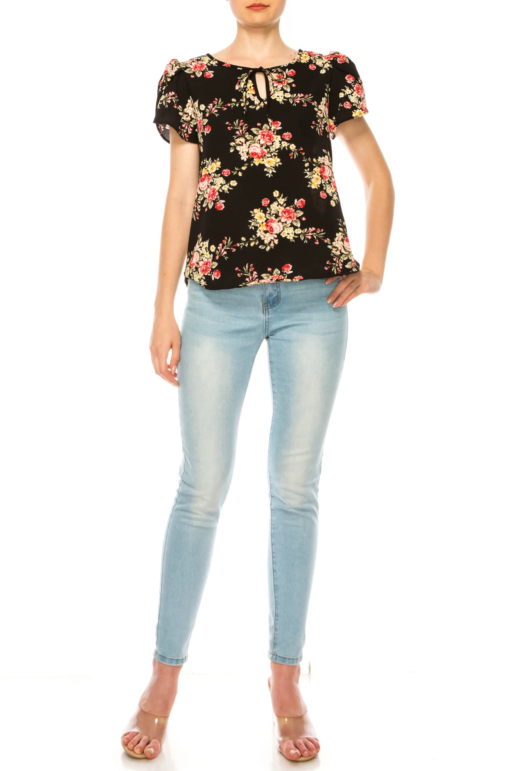 Women's Polka Dot Overlapping Short Sleeve Ribbon Accent Top