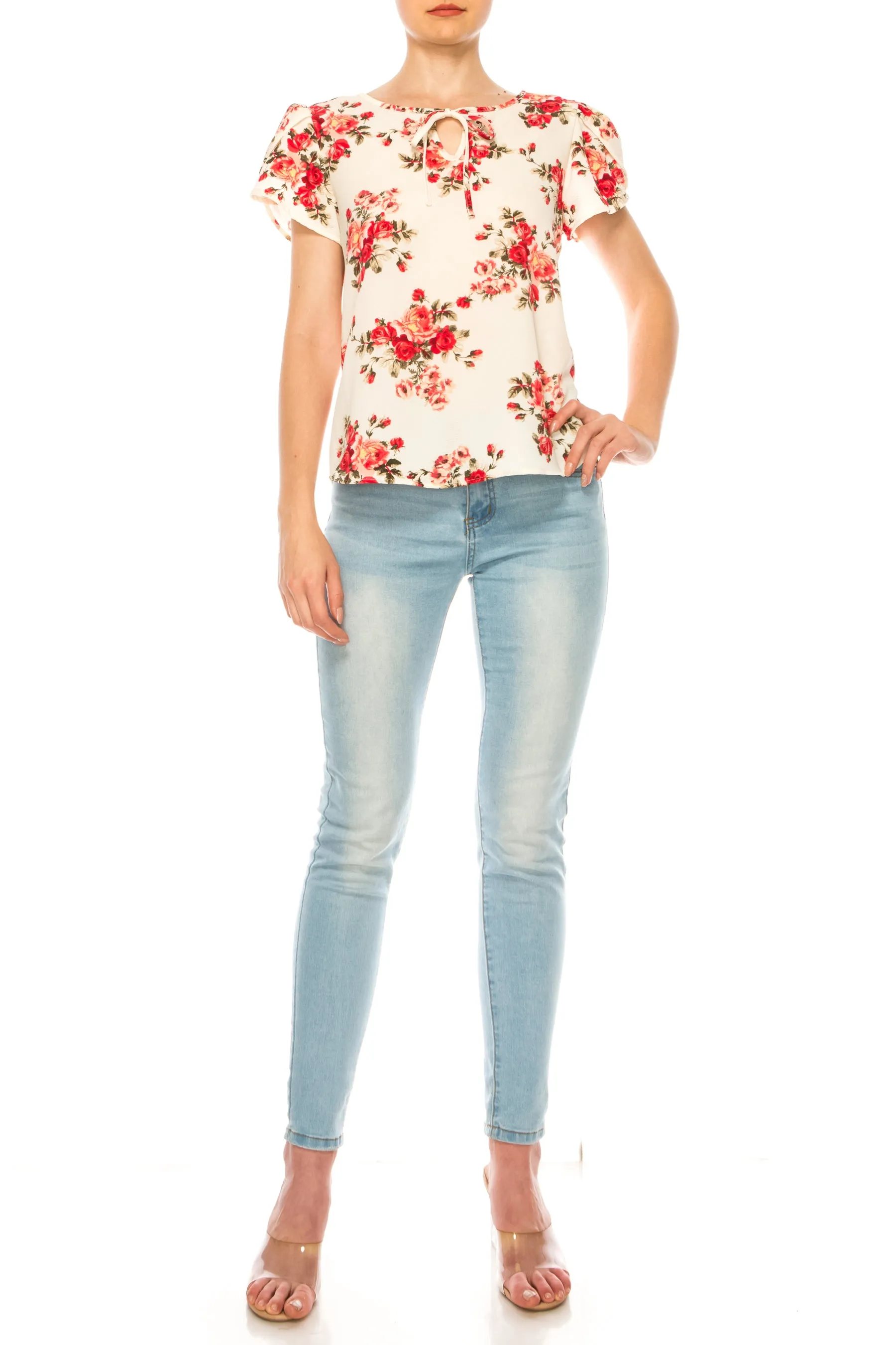 Women's Polka Dot Overlapping Short Sleeve Ribbon Accent Top