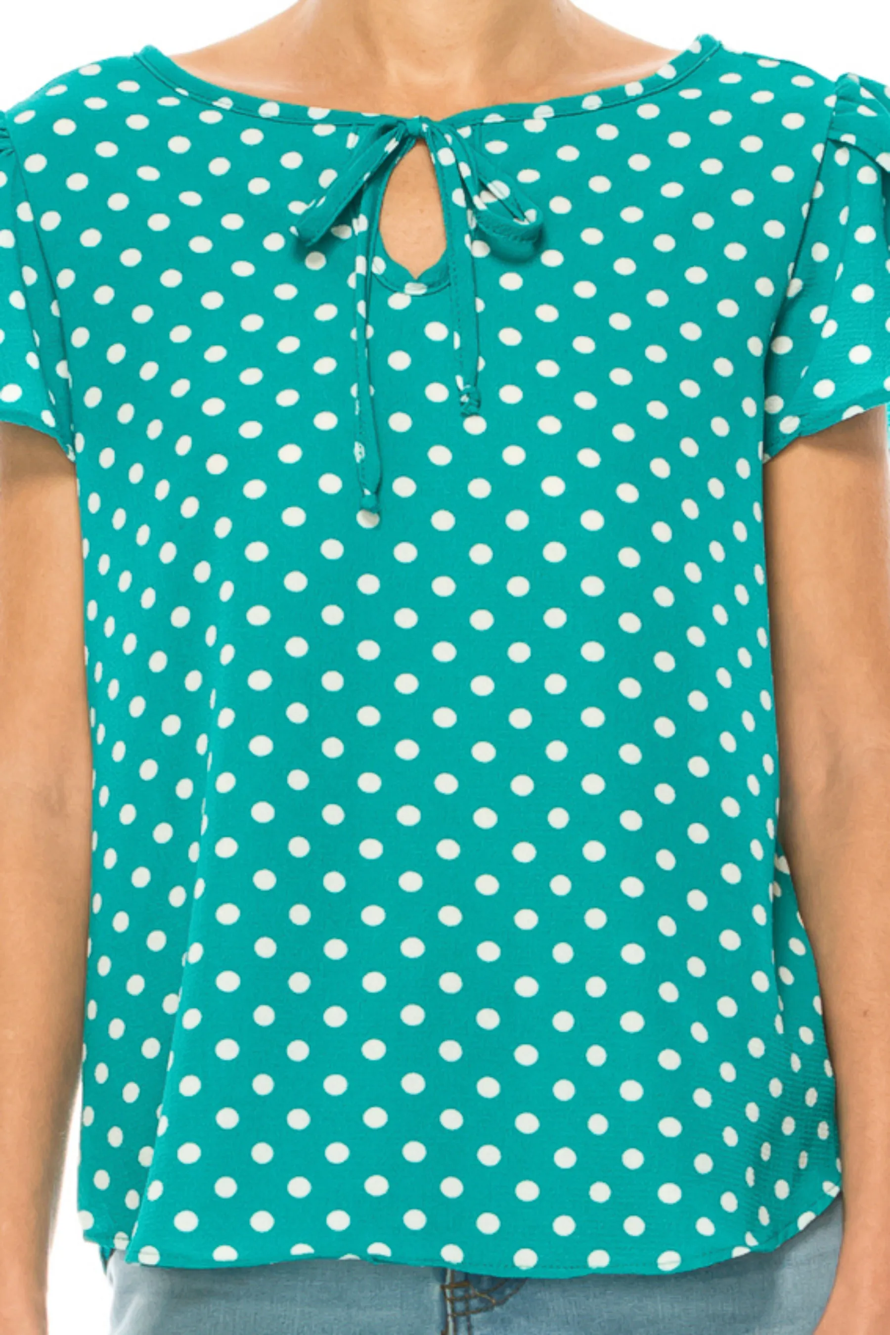 Women's Polka Dot Overlapping Short Sleeve Ribbon Accent Top