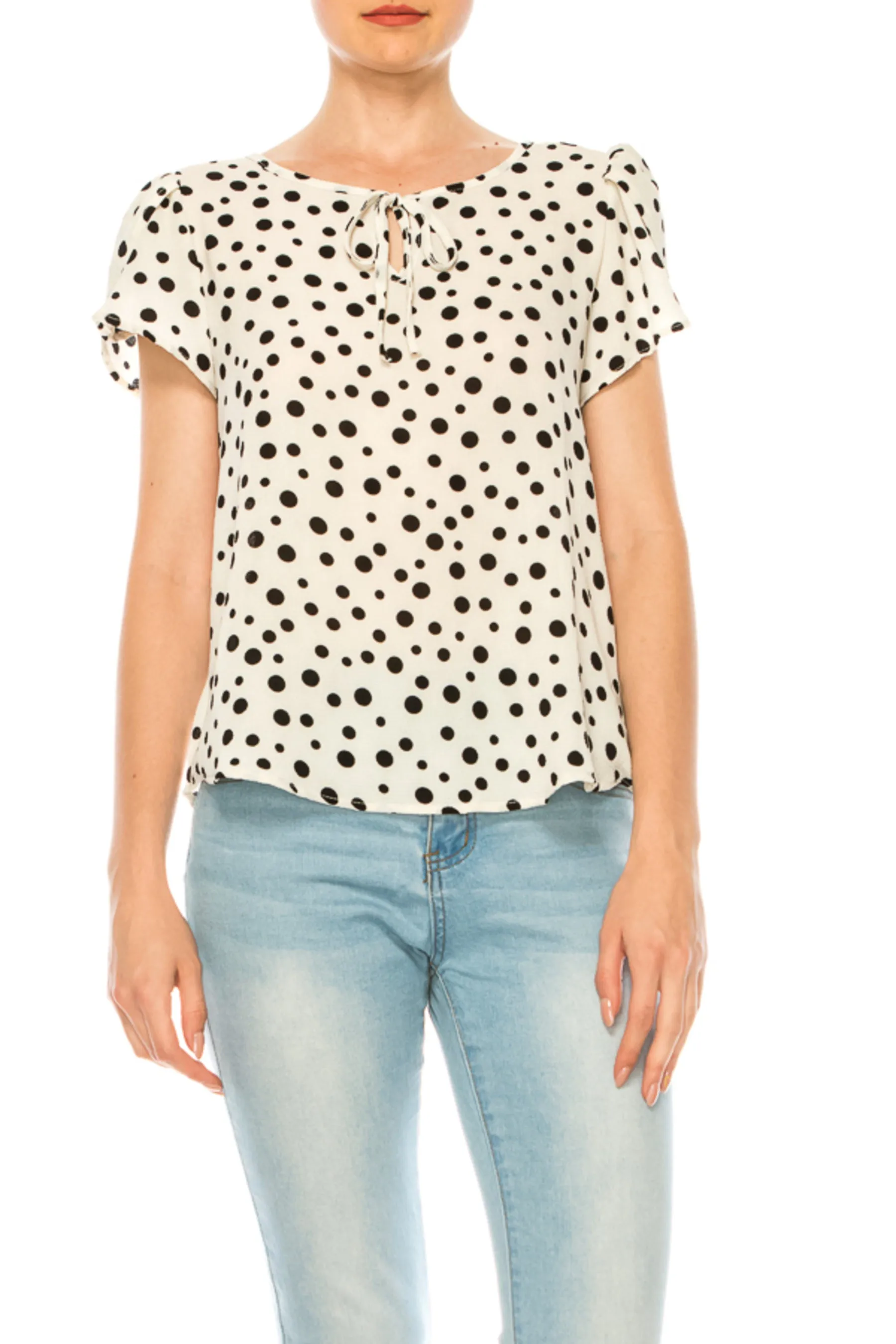 Women's Polka Dot Overlapping Short Sleeve Ribbon Accent Top