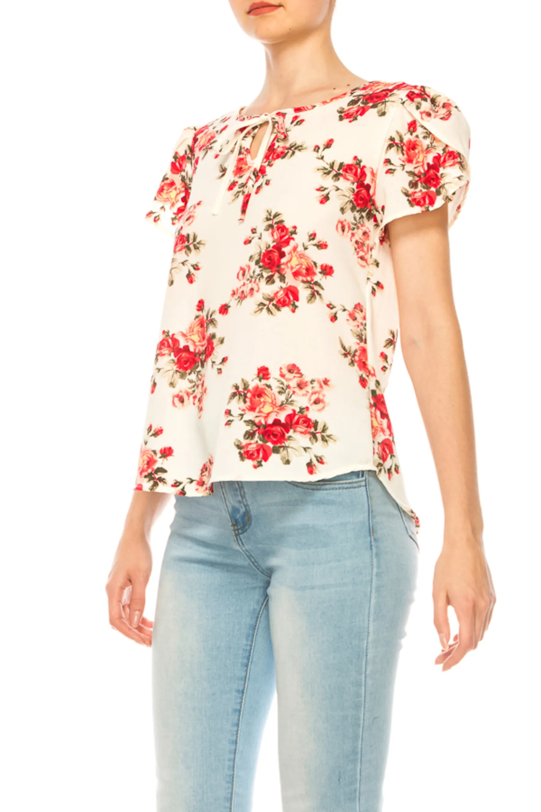Women's Polka Dot Overlapping Short Sleeve Ribbon Accent Top