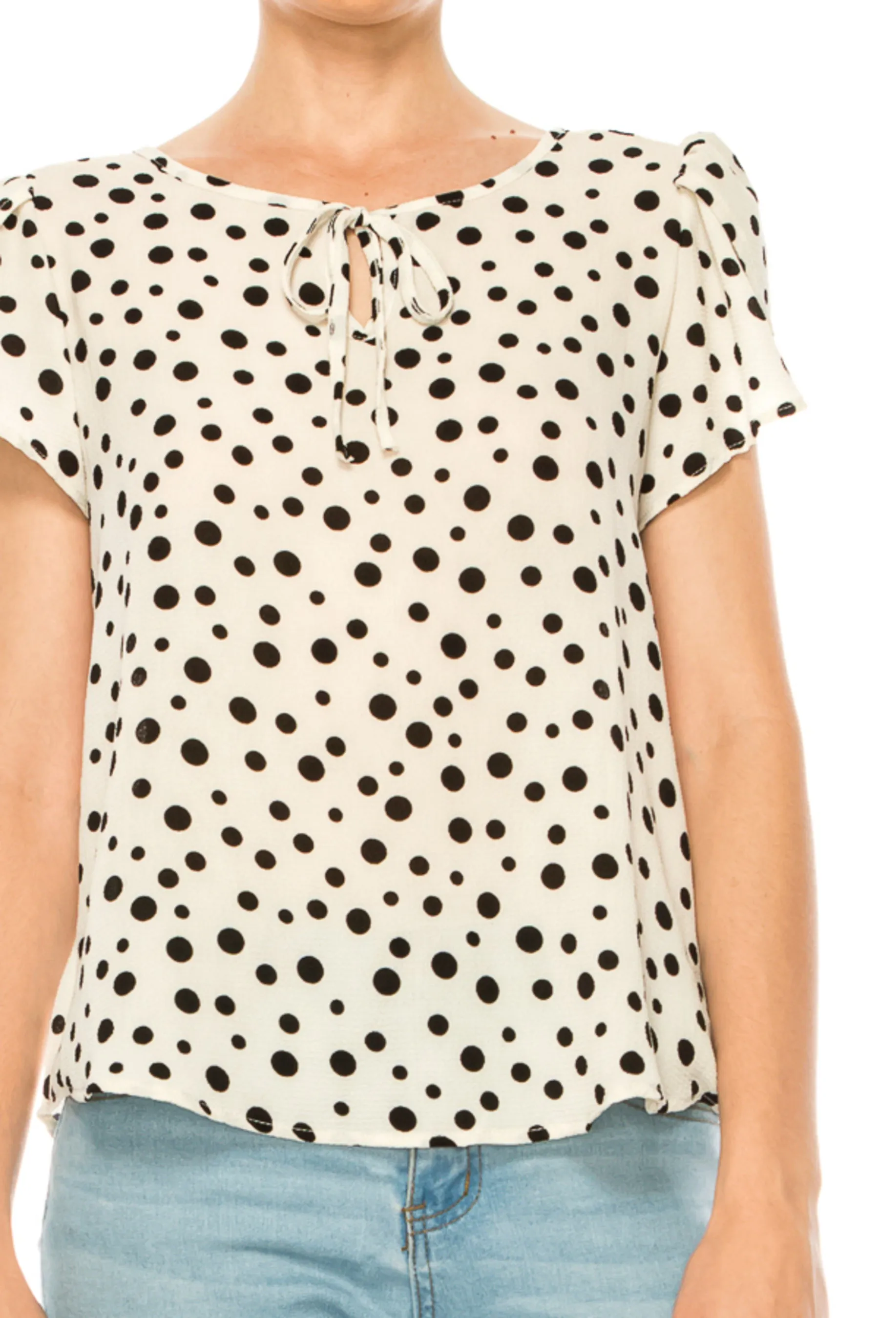 Women's Polka Dot Overlapping Short Sleeve Ribbon Accent Top