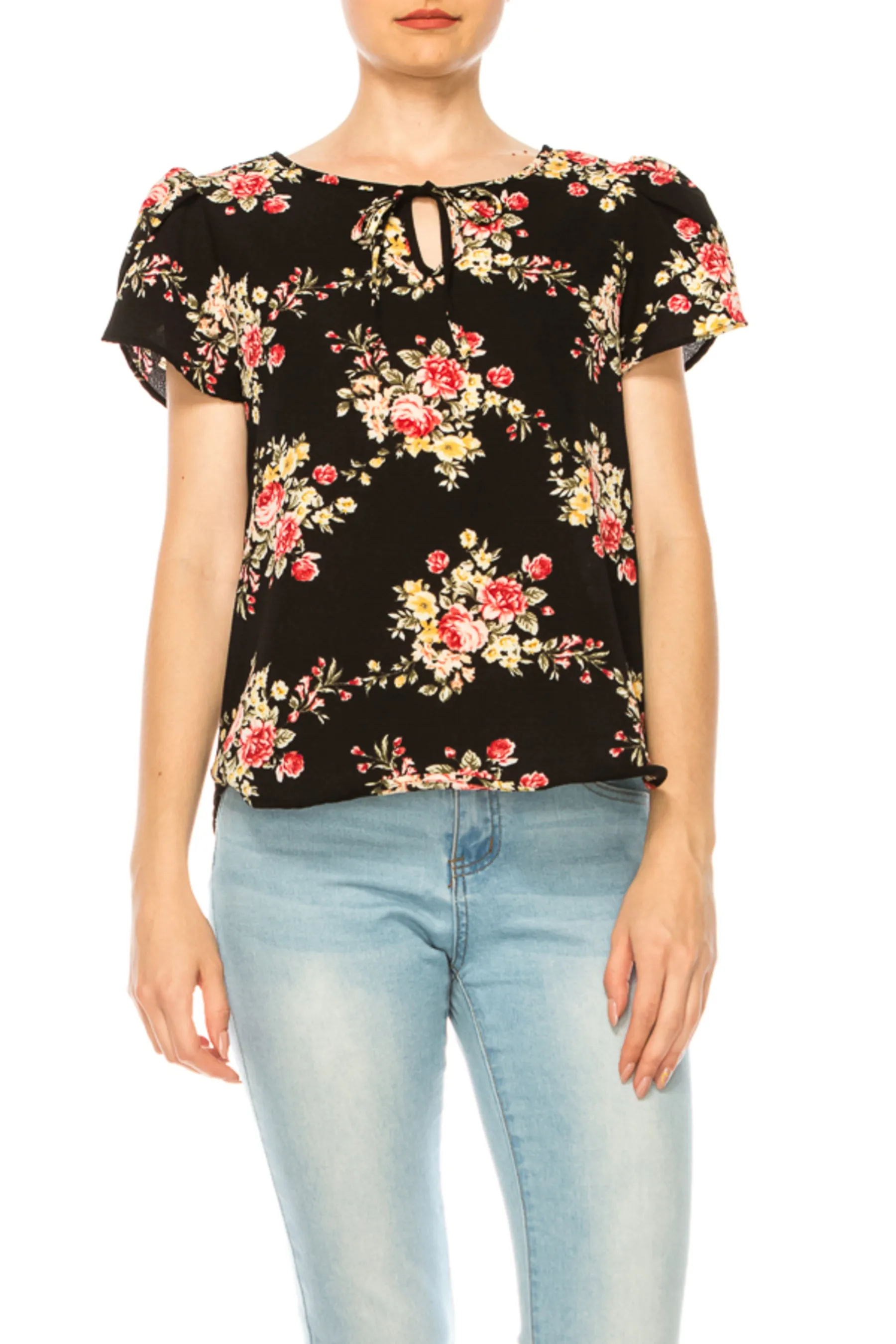 Women's Polka Dot Overlapping Short Sleeve Ribbon Accent Top
