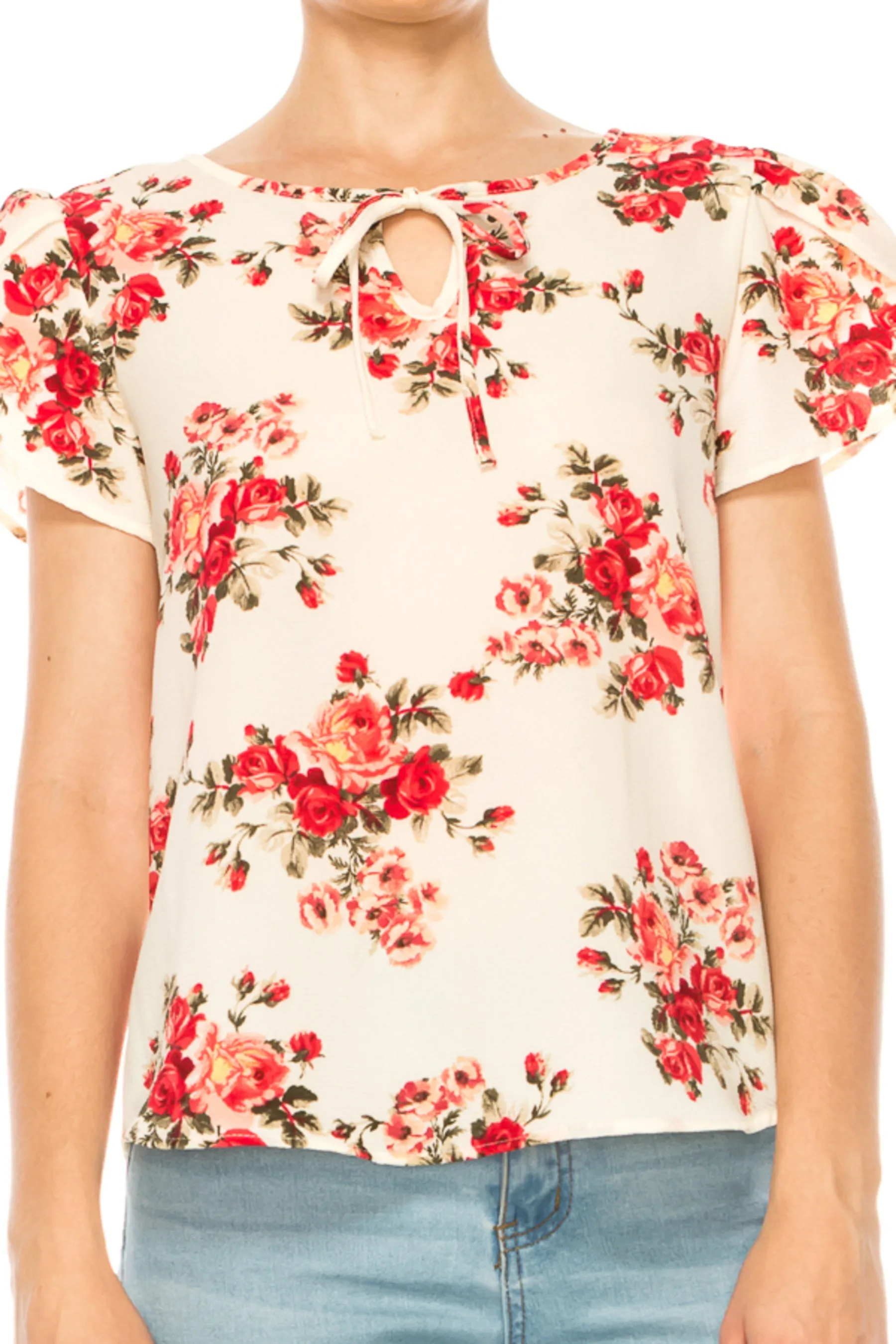 Women's Polka Dot Overlapping Short Sleeve Ribbon Accent Top