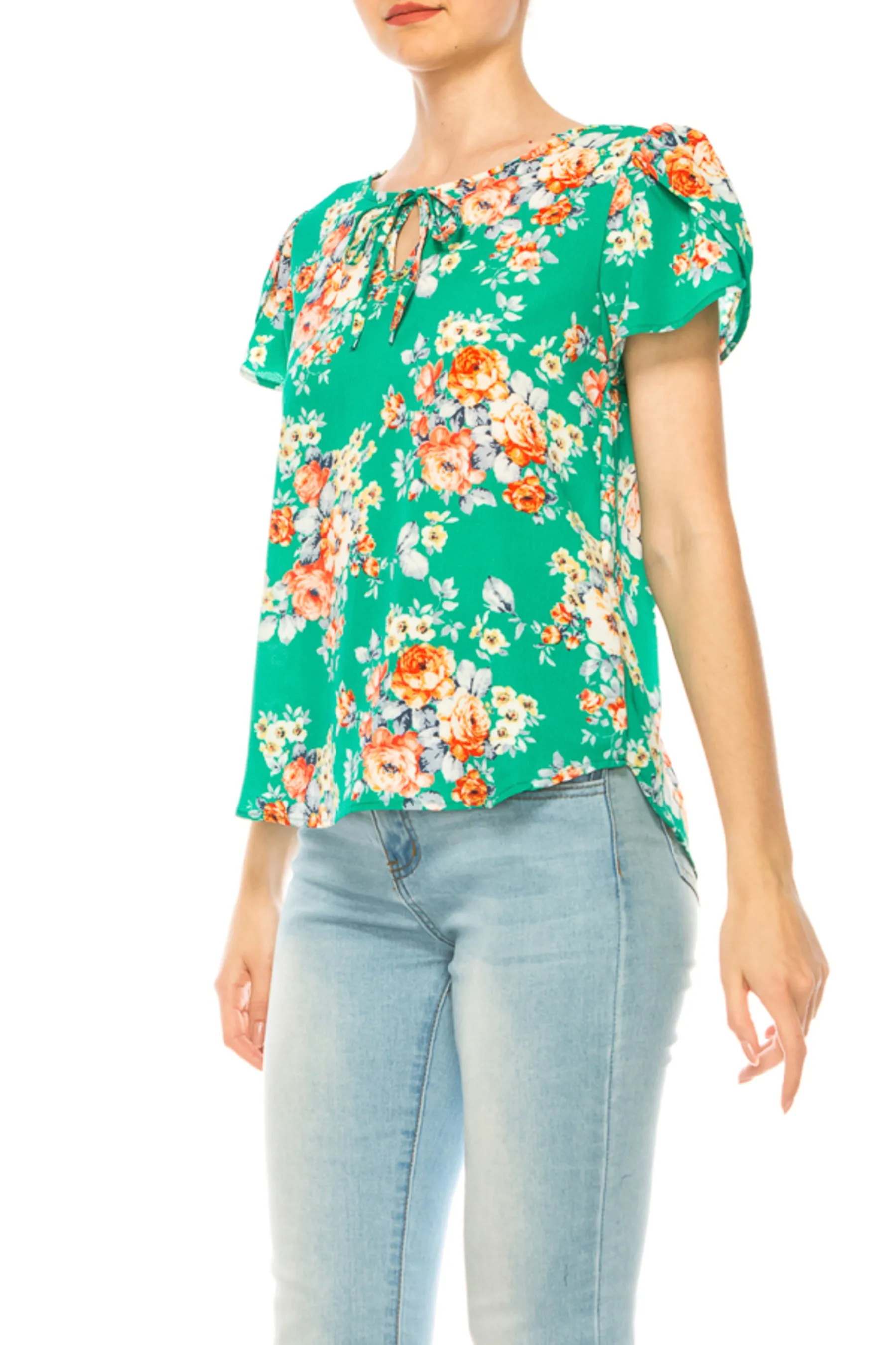 Women's Polka Dot Overlapping Short Sleeve Ribbon Accent Top