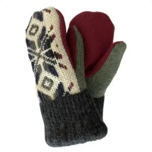 Women's Sherpa Lined Mittens - Cream with Charcoal & Maroon Nordic - 612