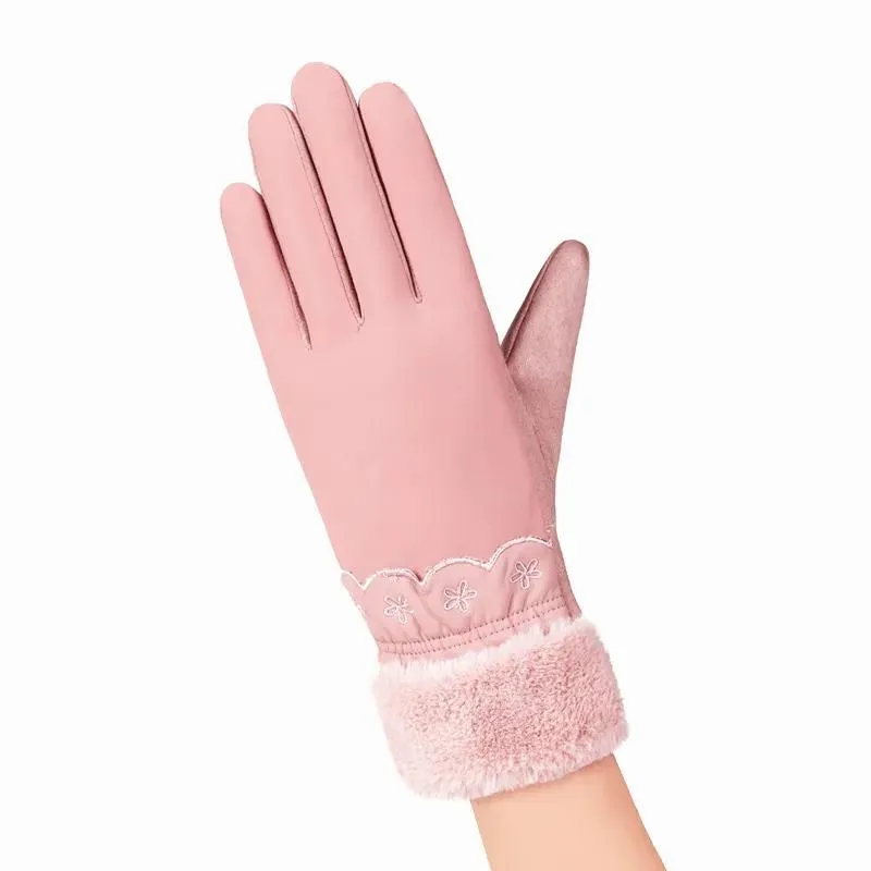 Women's Winter Down Cotton Gloves Cold-proof Plus Velvet Thickening Waterproof Touch Screen Mittens for Riding Driving Thermal Embroidered Gloves