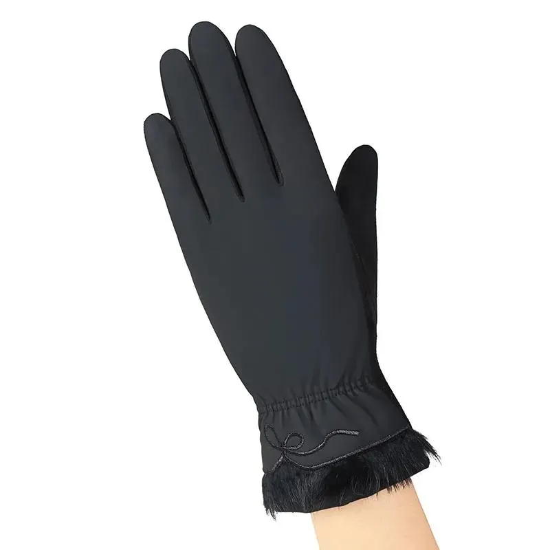 Women's Winter Down Cotton Gloves Cold-proof Plus Velvet Thickening Waterproof Touch Screen Mittens for Riding Driving Thermal Embroidered Gloves