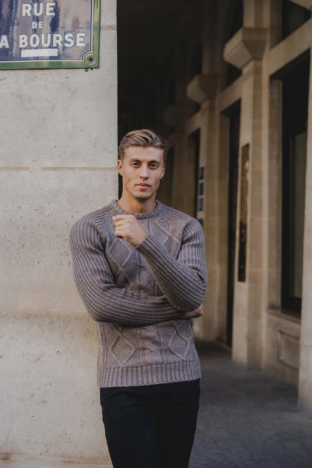 Wool Blend Chunky Cable Crew Neck in Dark Oatmeal