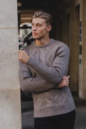Wool Blend Chunky Cable Crew Neck in Dark Oatmeal