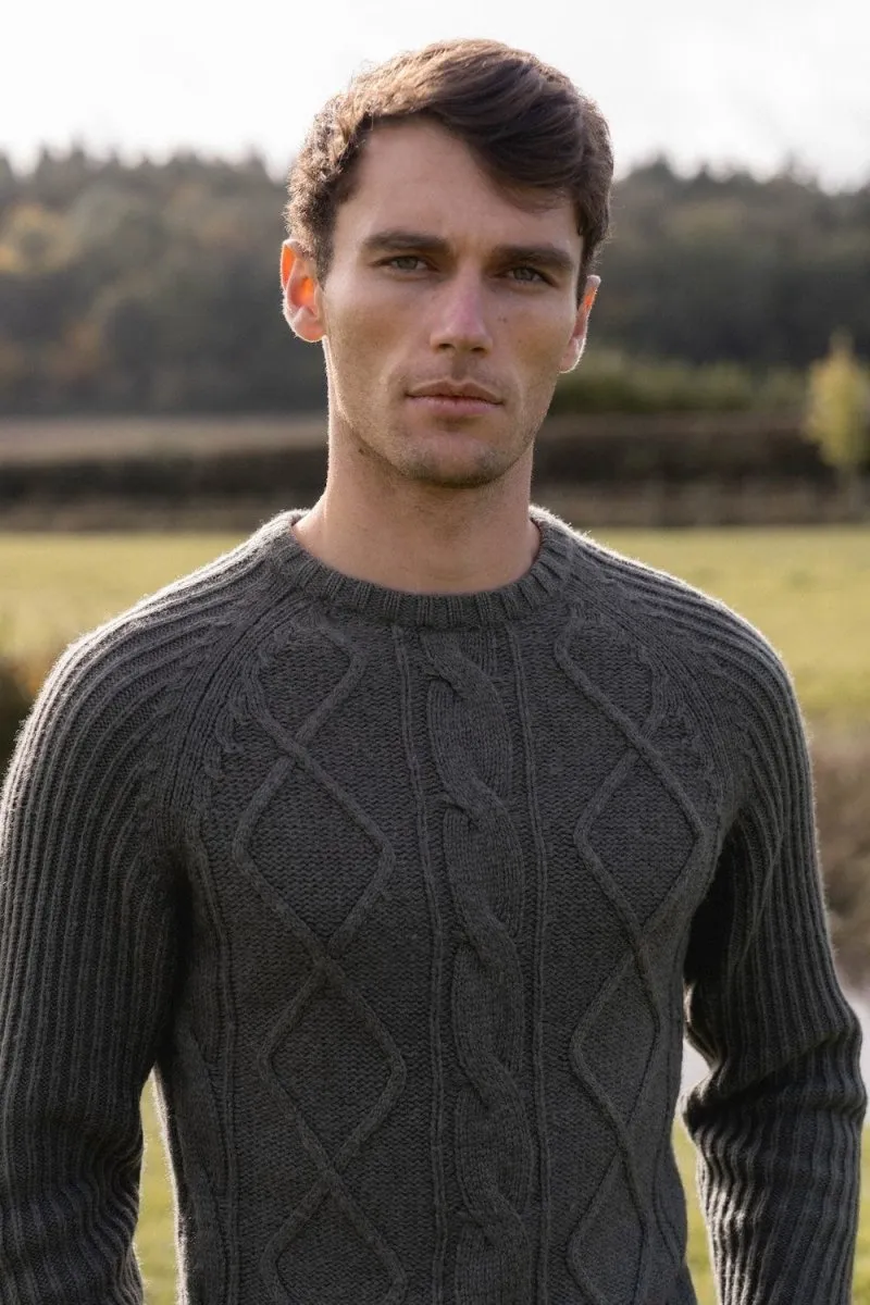 Wool Blend Chunky Cable Crew Neck in Khaki