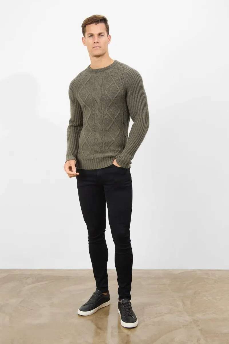 Wool Blend Chunky Cable Crew Neck in Khaki