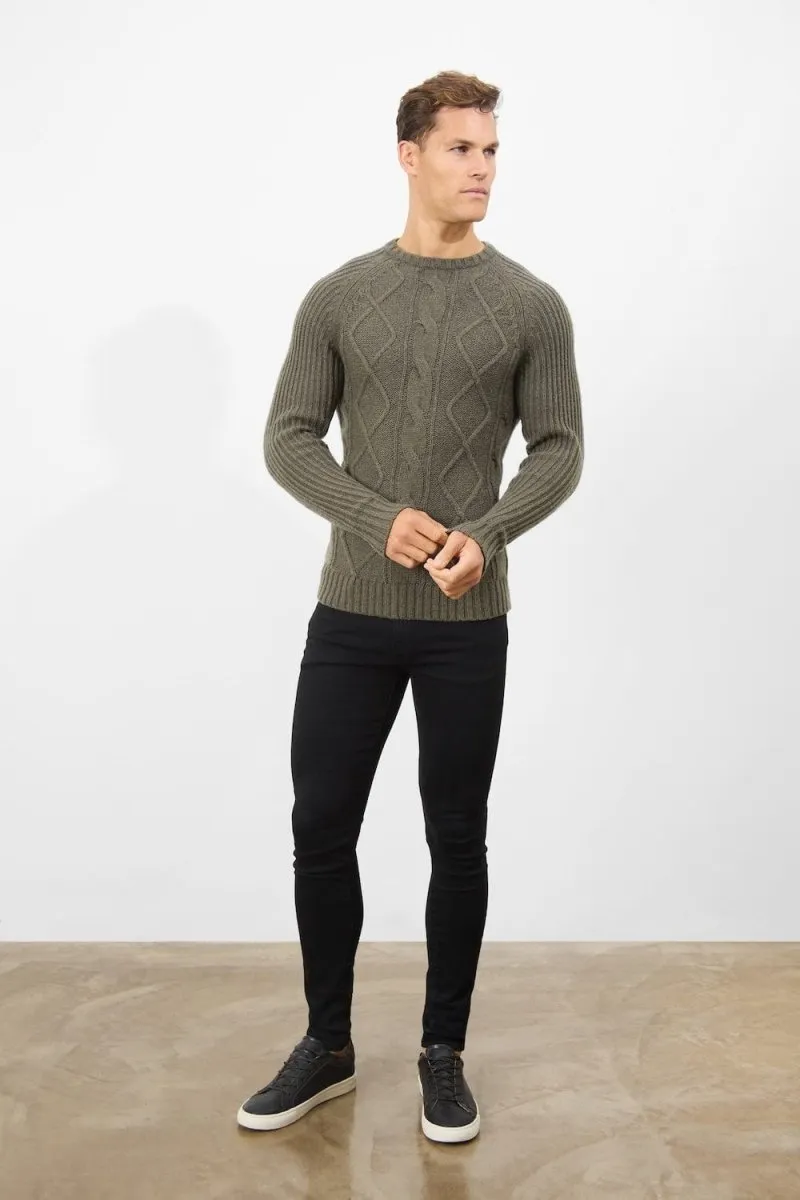 Wool Blend Chunky Cable Crew Neck in Khaki