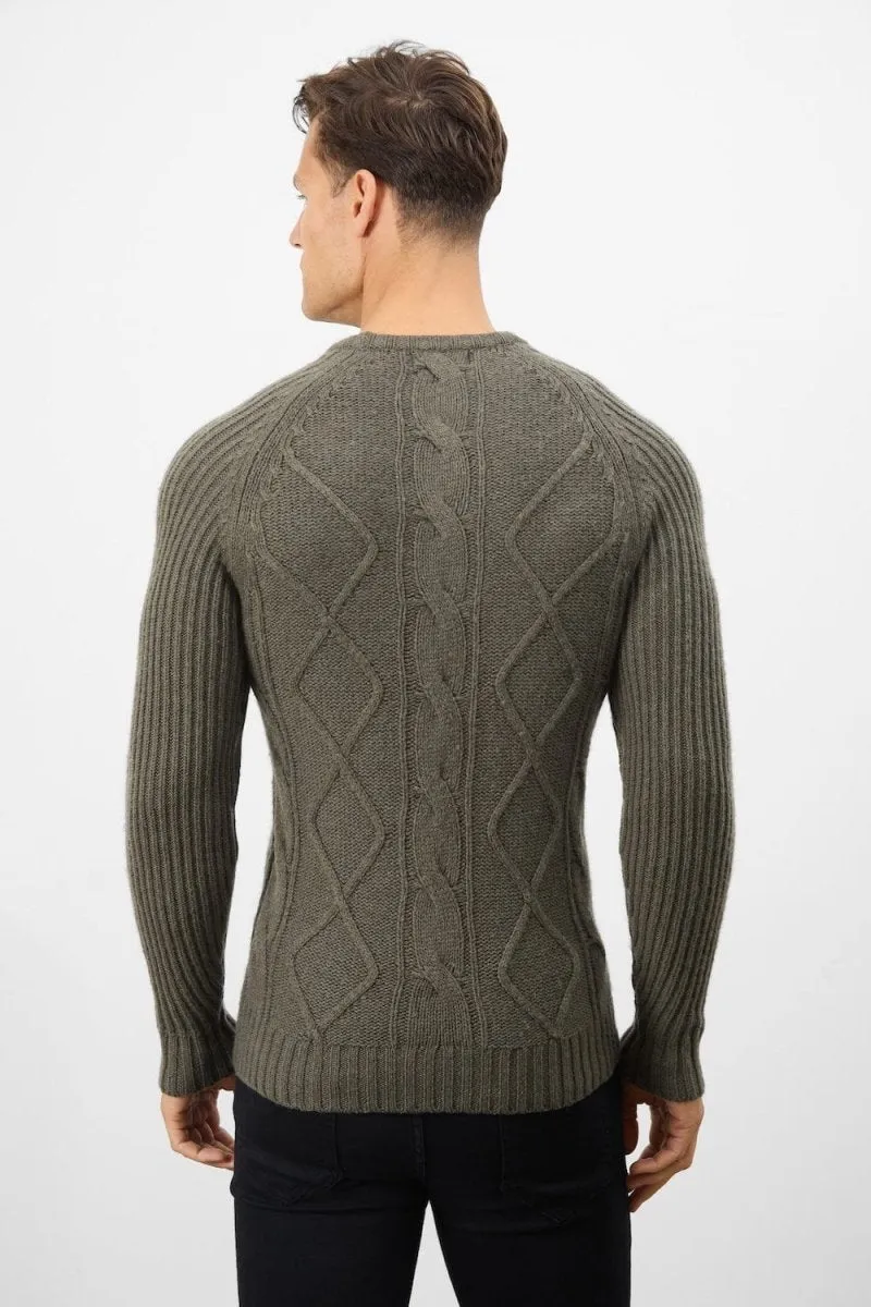 Wool Blend Chunky Cable Crew Neck in Khaki