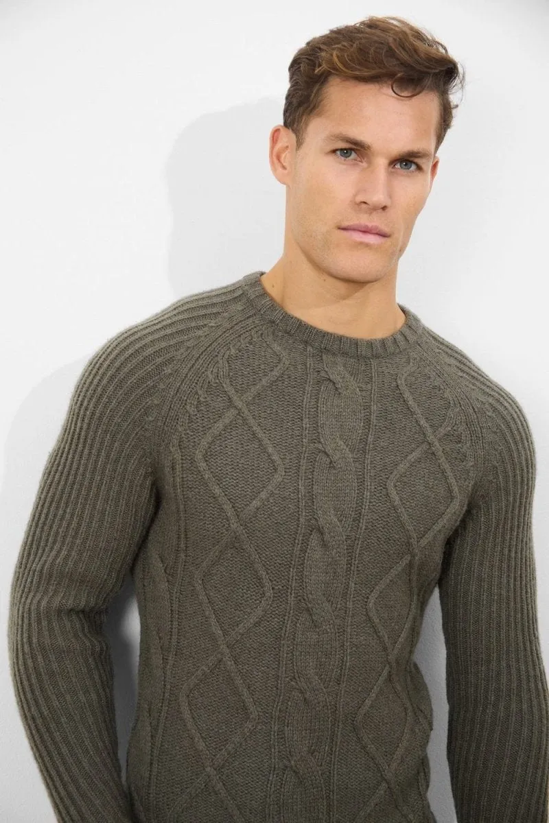 Wool Blend Chunky Cable Crew Neck in Khaki