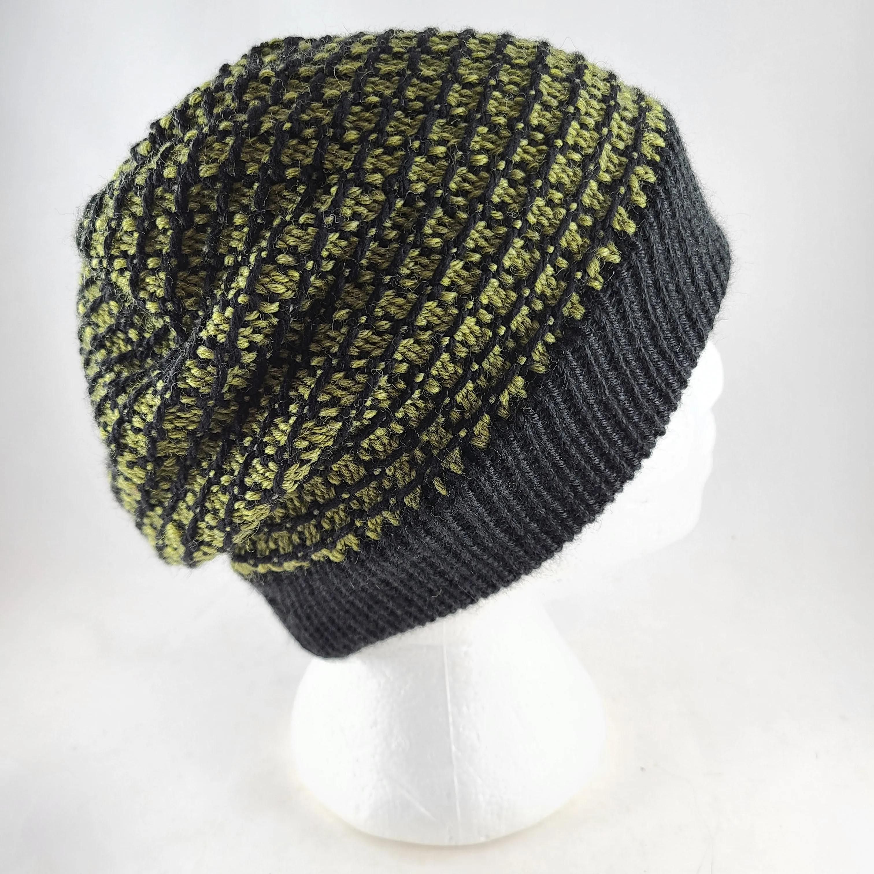 Woven knit hat, black & olive wool blend beanie