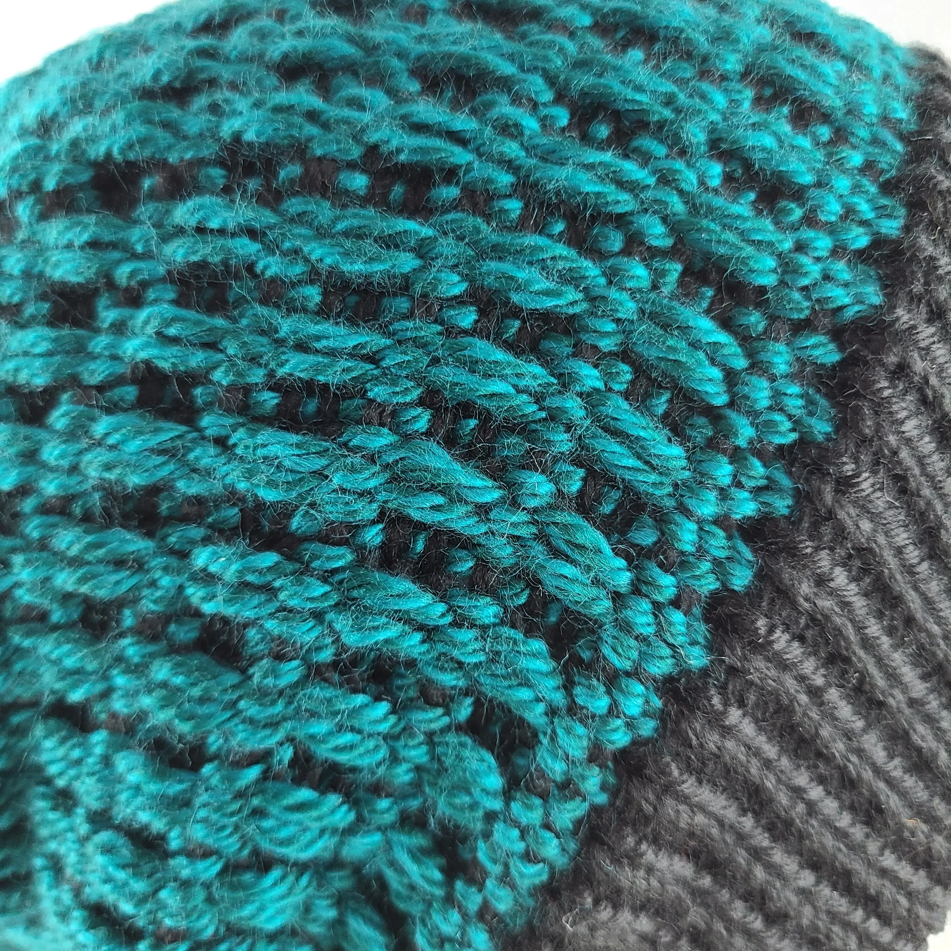 Woven knit hat, black & teal wool blend beanie