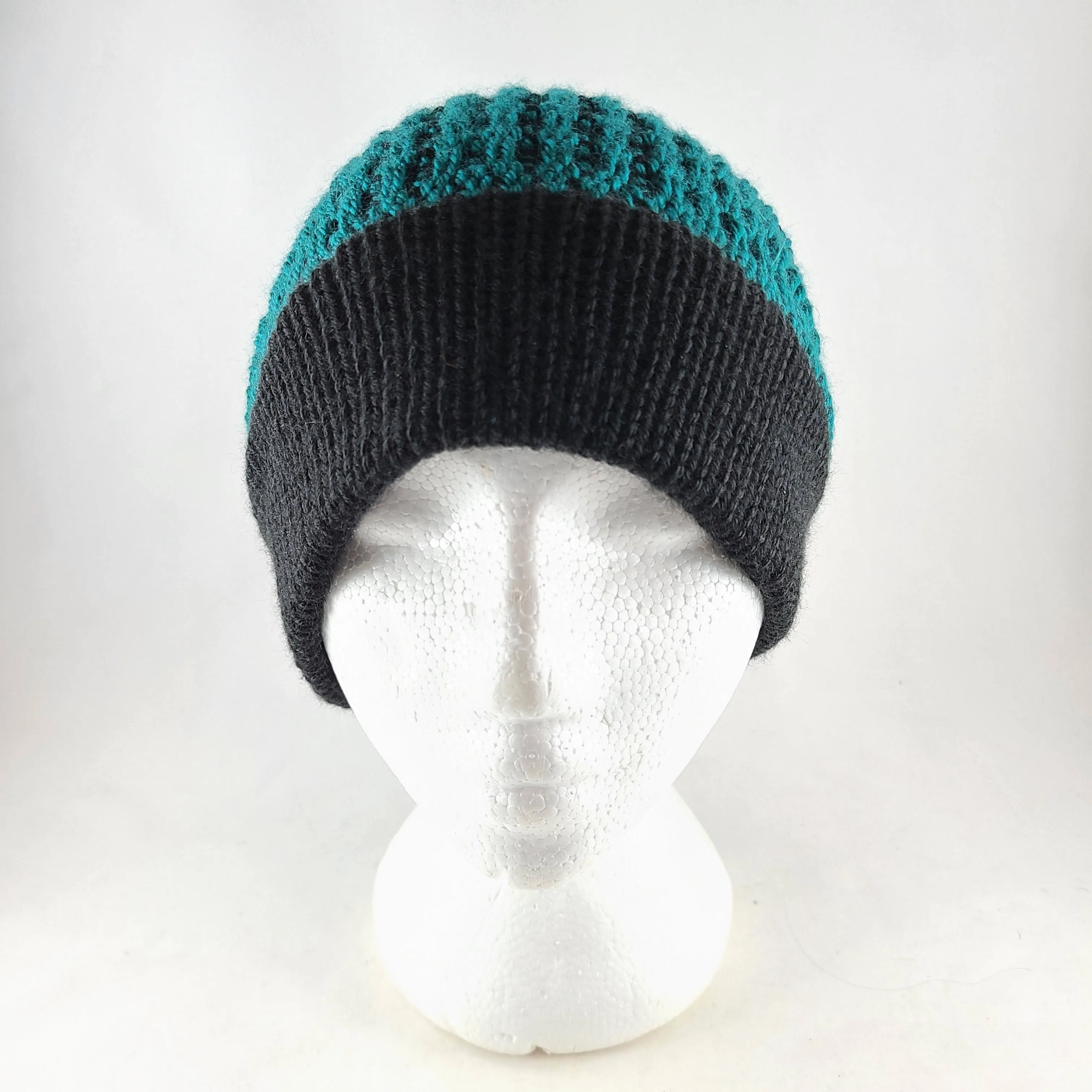 Woven knit hat, black & teal wool blend beanie
