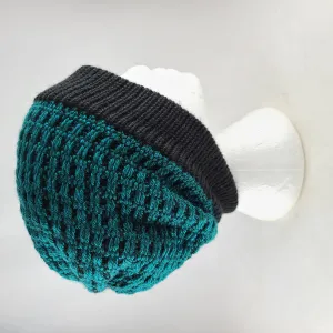 Woven knit hat, black & teal wool blend beanie
