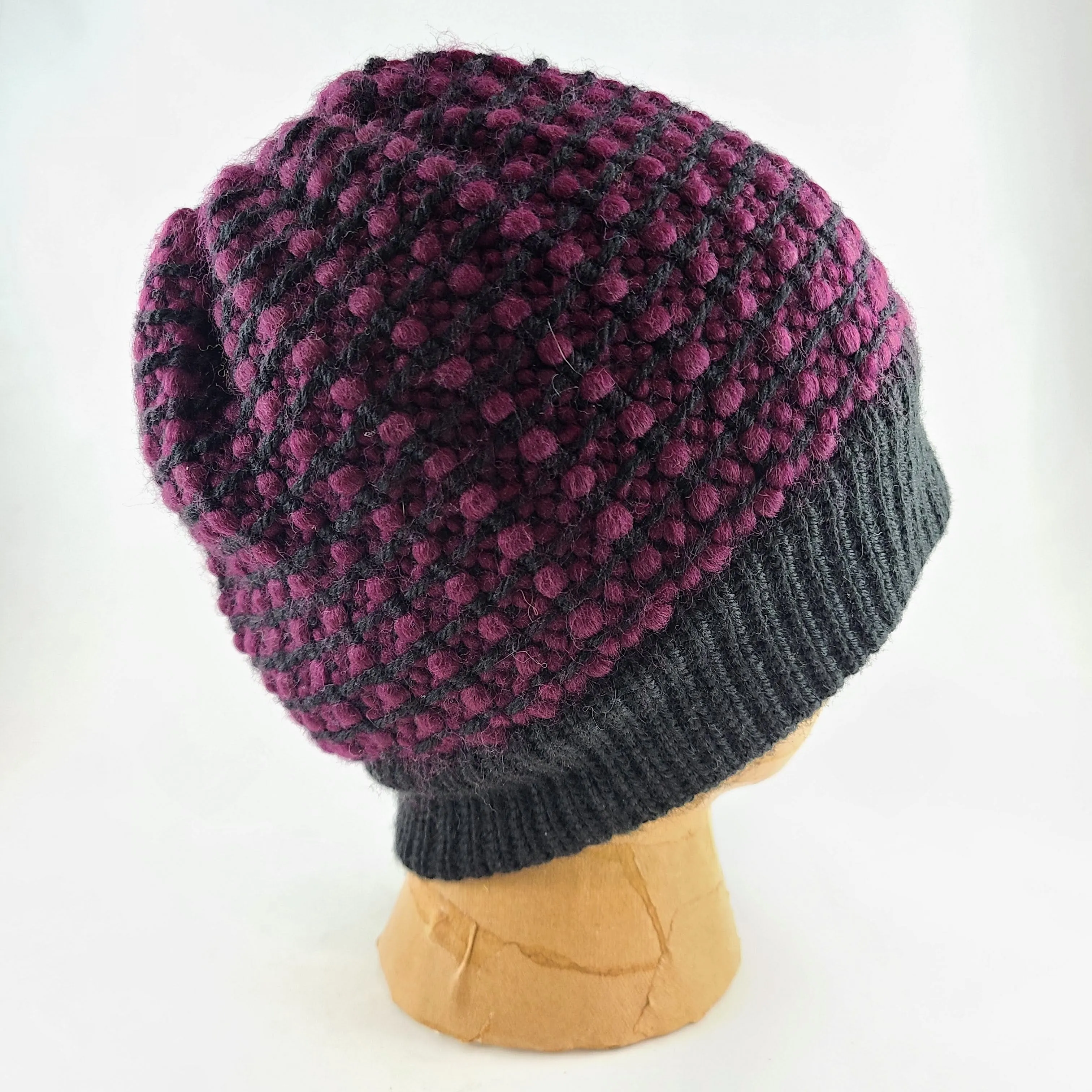 Woven Knit Hat, Black Raspberry Wool Blend Beanie