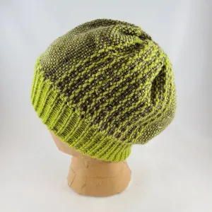 Woven Knit Hat, Chocolate and Lime Wool Blend Beanie