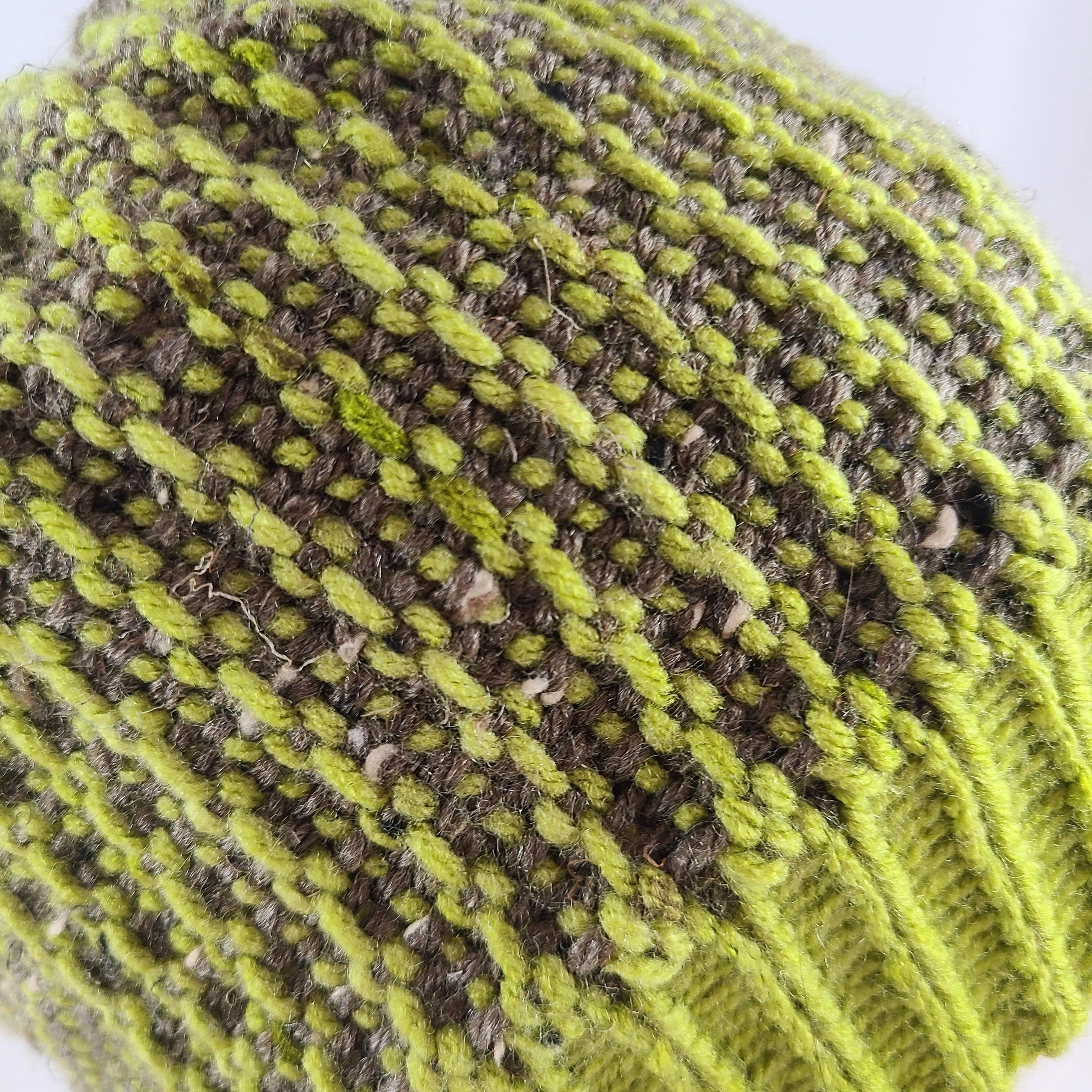 Woven Knit Hat, Chocolate and Lime Wool Blend Beanie