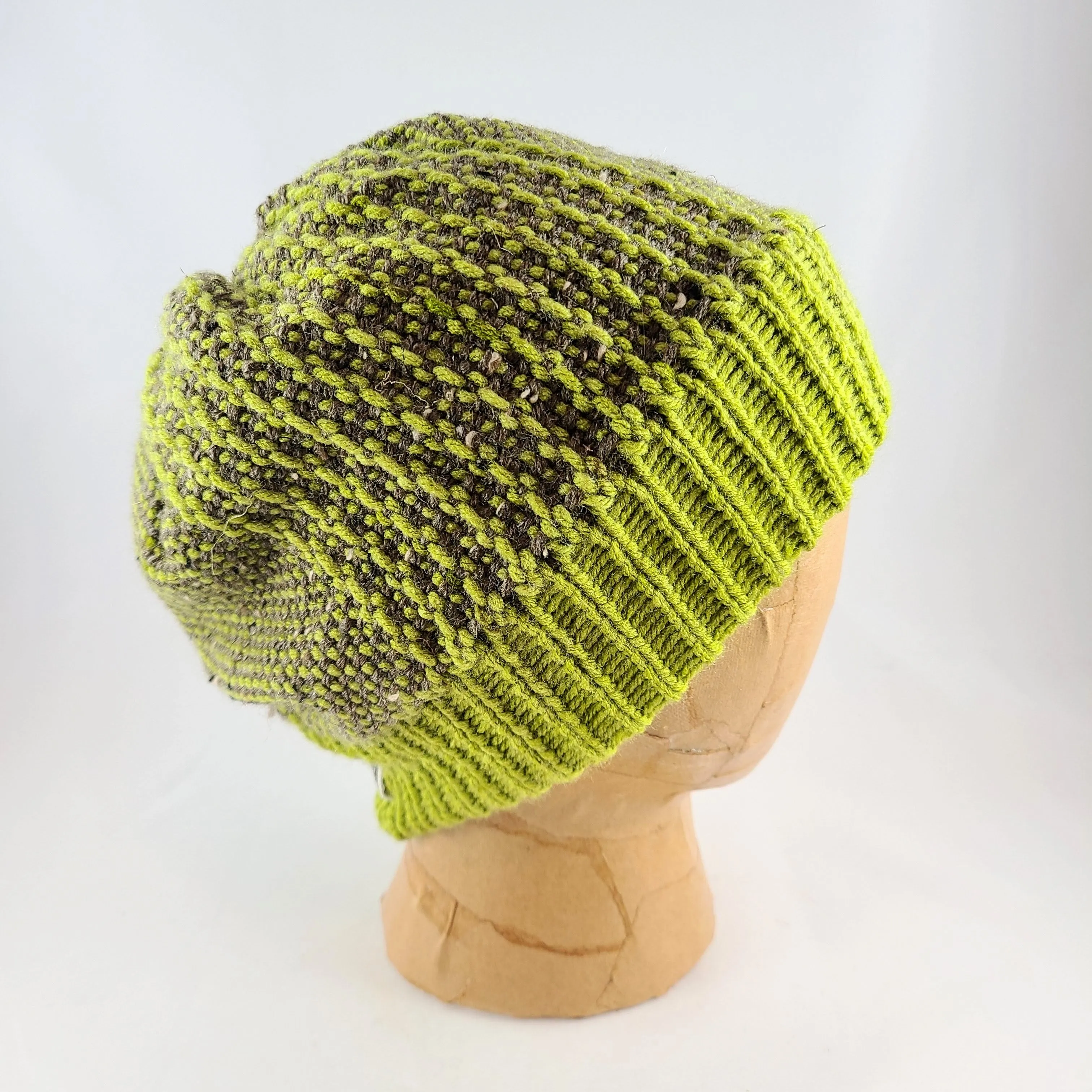 Woven Knit Hat, Chocolate and Lime Wool Blend Beanie