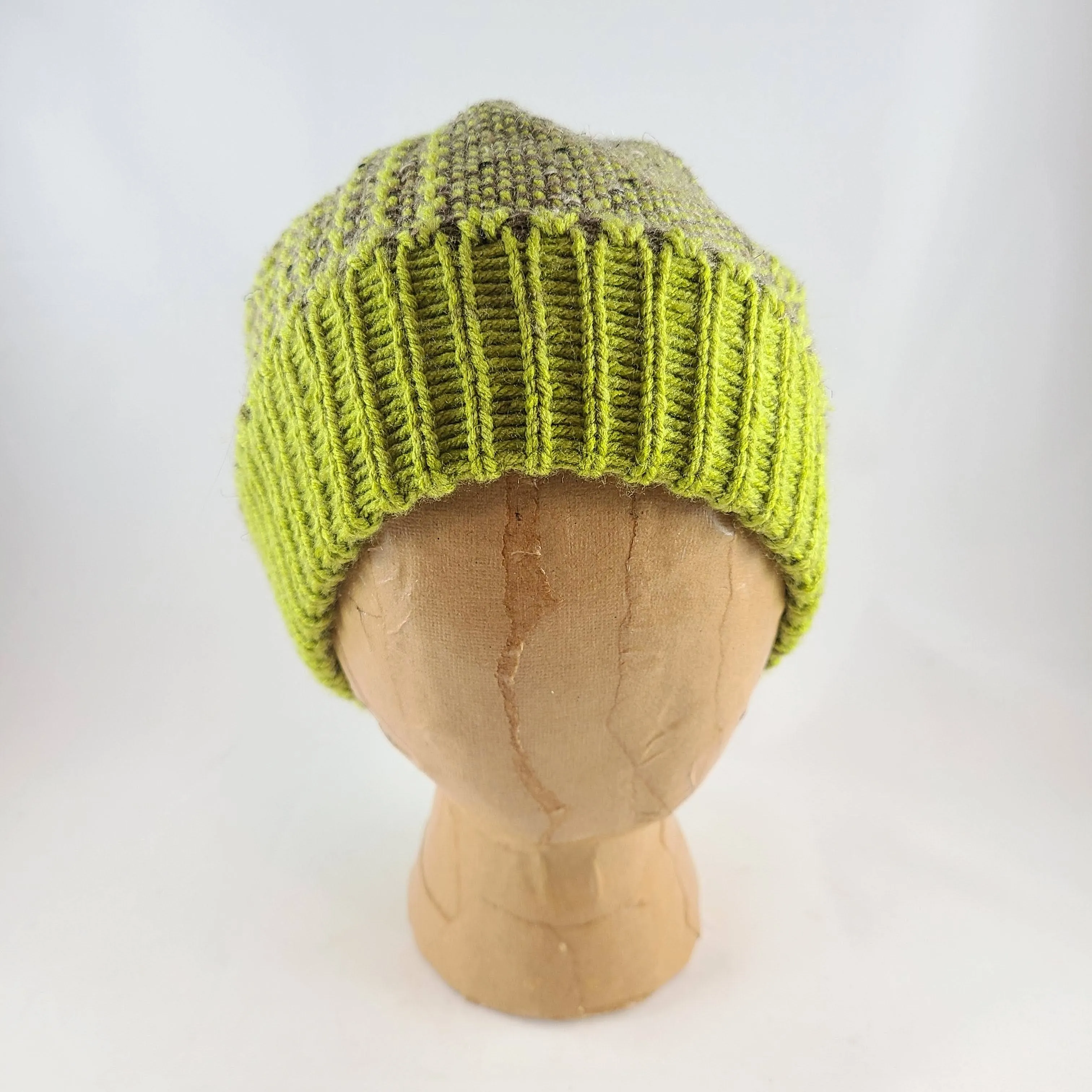 Woven Knit Hat, Chocolate and Lime Wool Blend Beanie