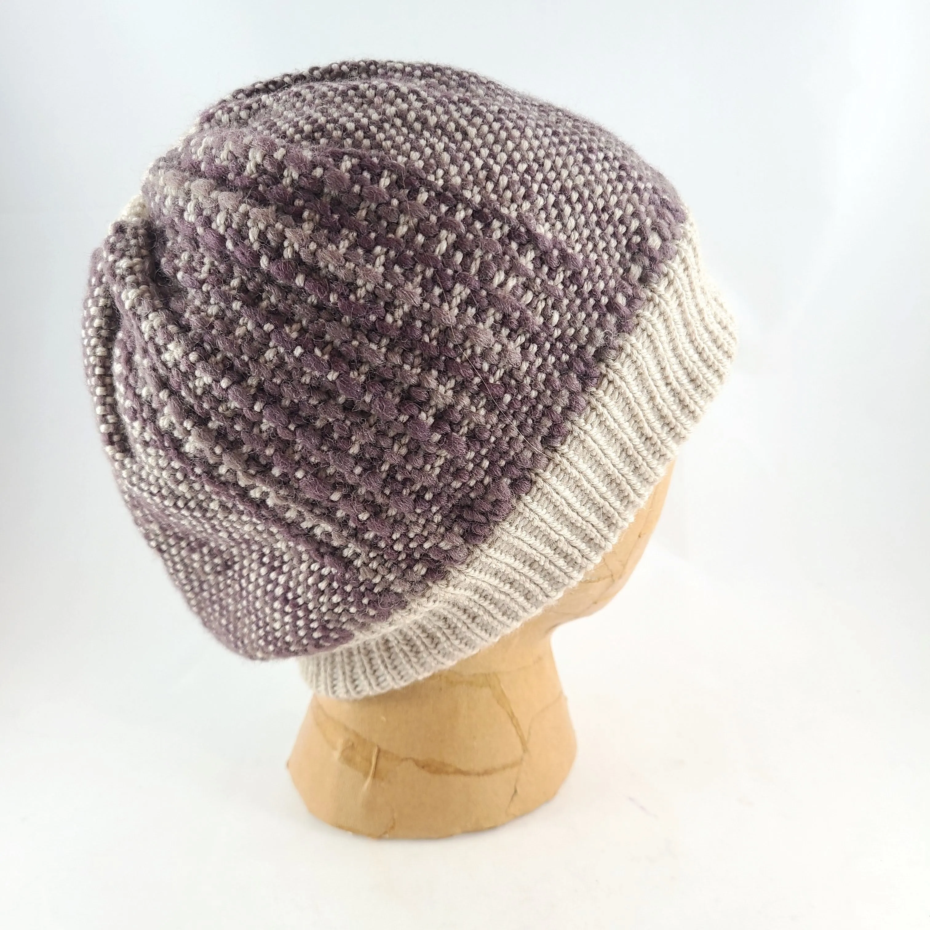 Woven Knit Hat, Ivory and Dusty Plum Wool Beanie