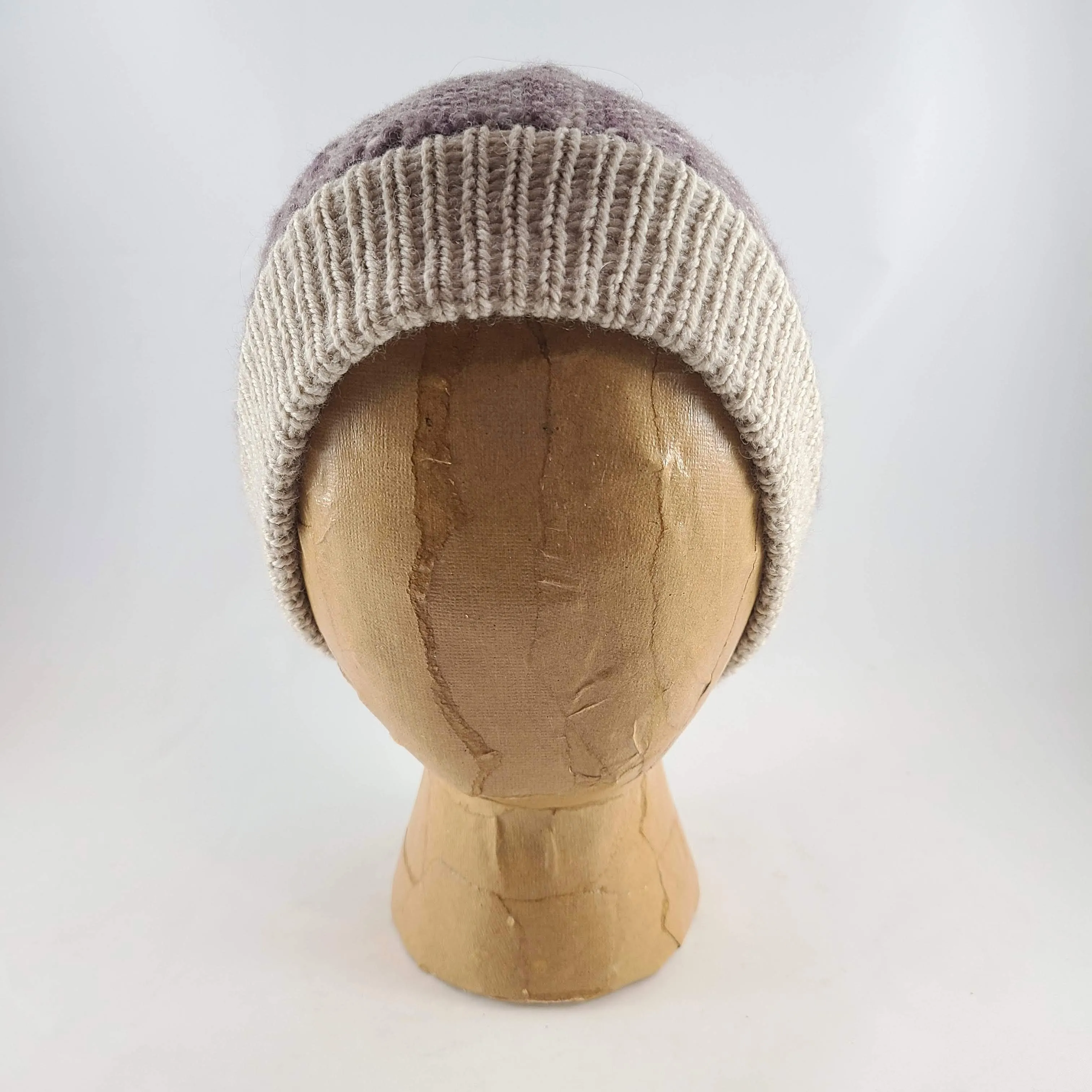 Woven Knit Hat, Ivory and Dusty Plum Wool Beanie