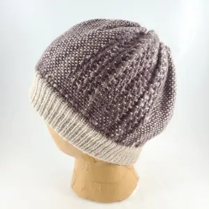 Woven Knit Hat, Ivory and Dusty Plum Wool Beanie