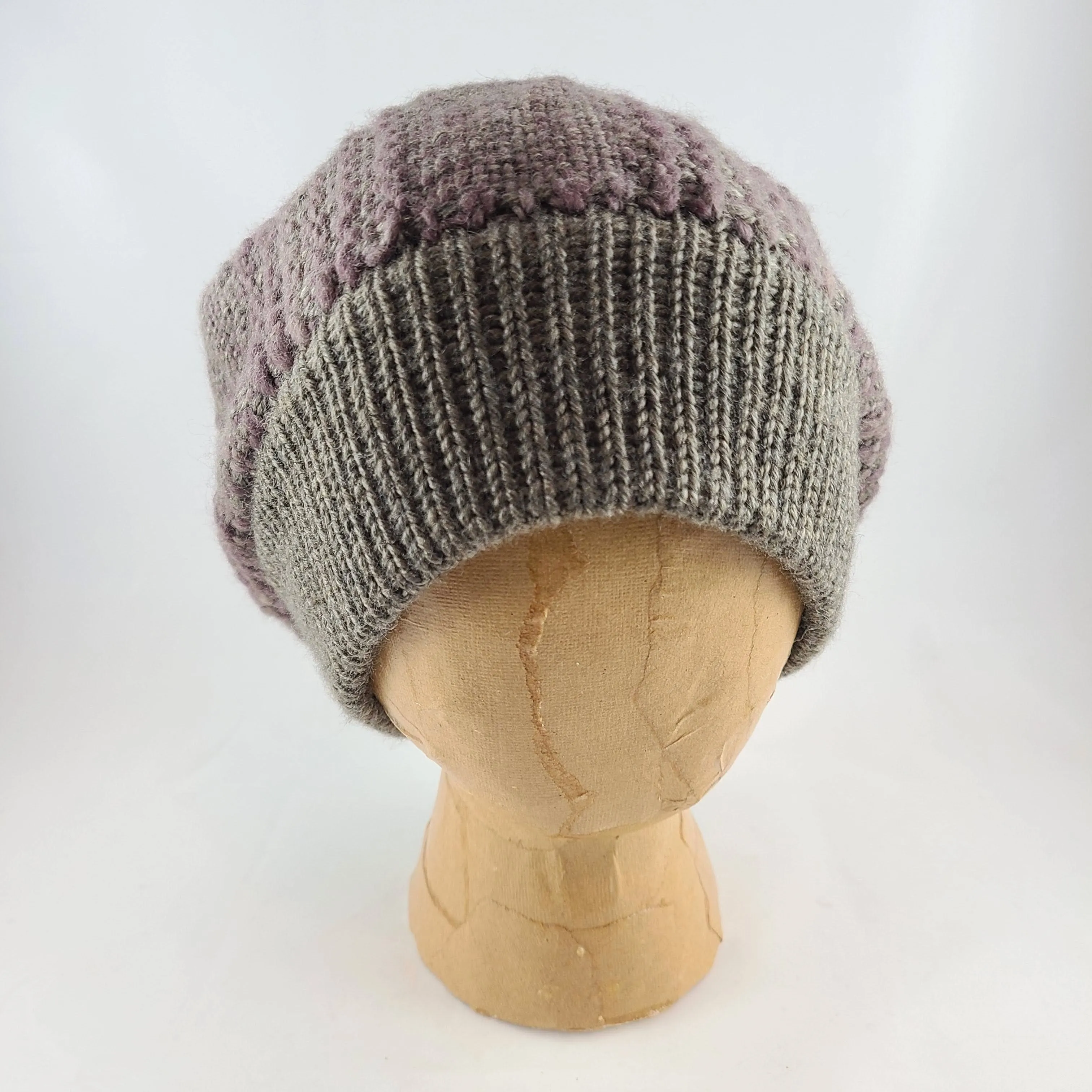 Woven Knit Hat, Taupe Grey and Dusty Plum Wool Beanie
