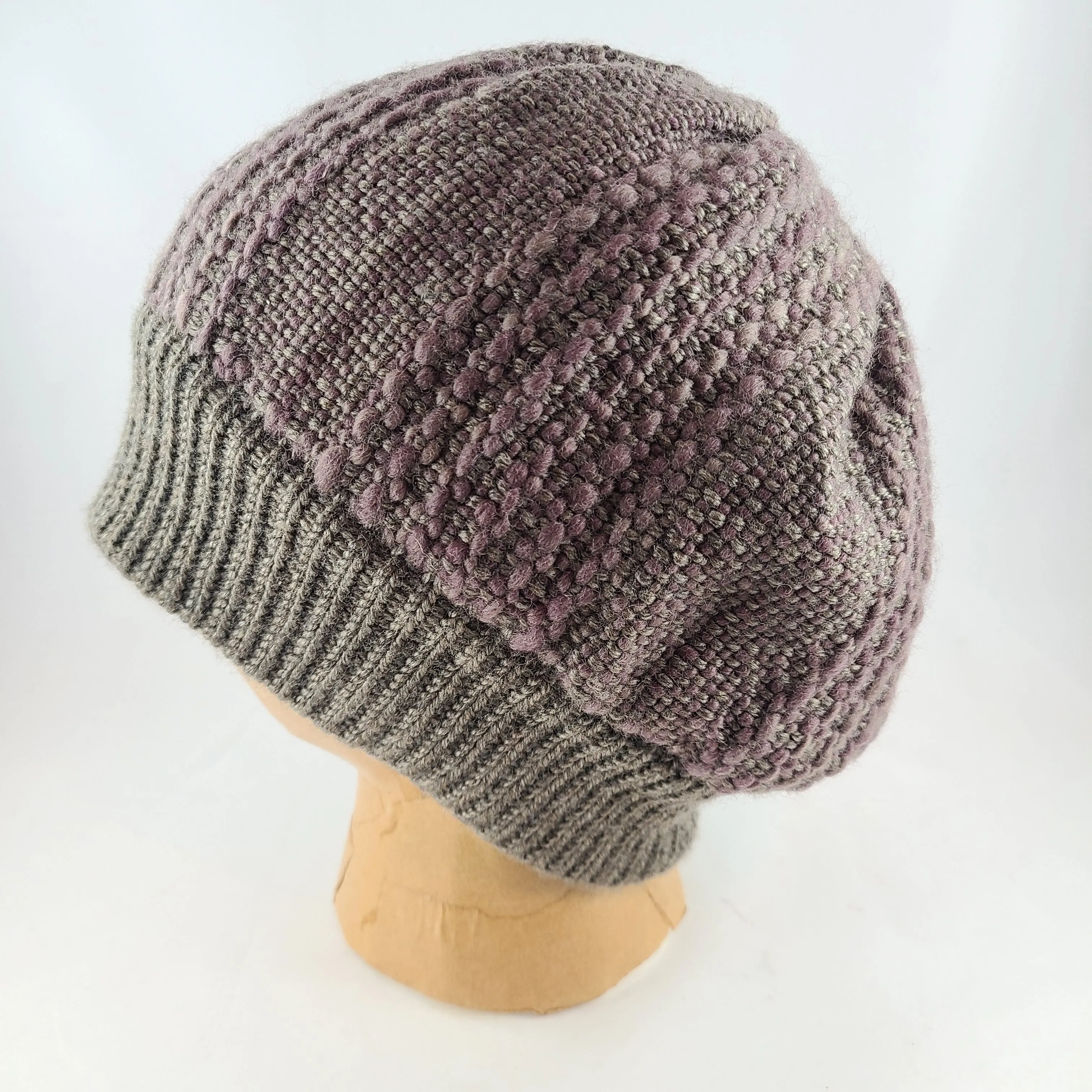 Woven Knit Hat, Taupe Grey and Dusty Plum Wool Beanie