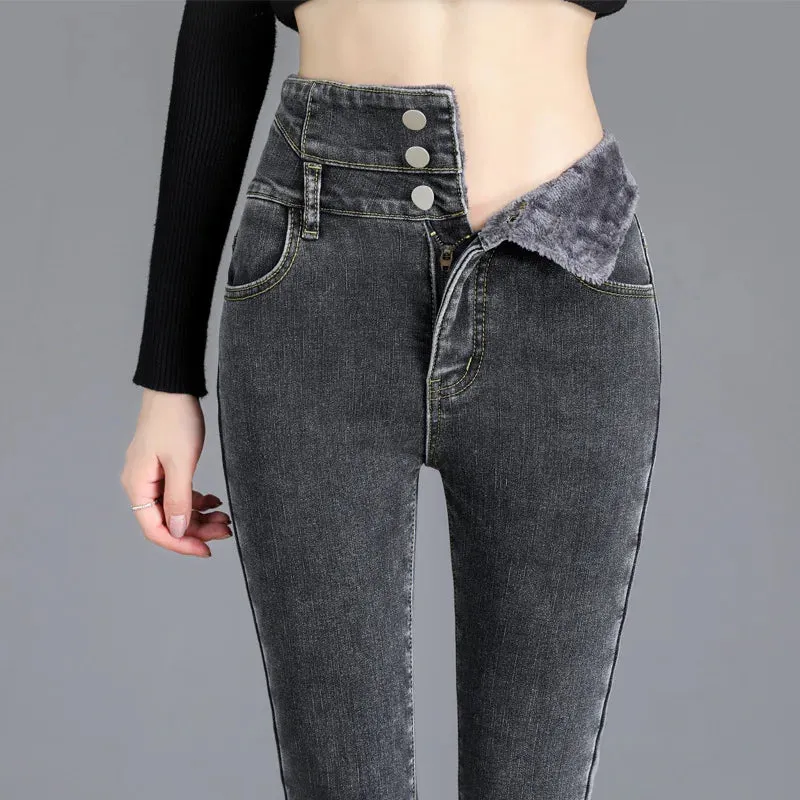 Y2k Leggings Jeans Women Velvet Thicken Warm Pencil Pants Casual High Waist Female Korean Thermal Straight Skinny Denim Trousers