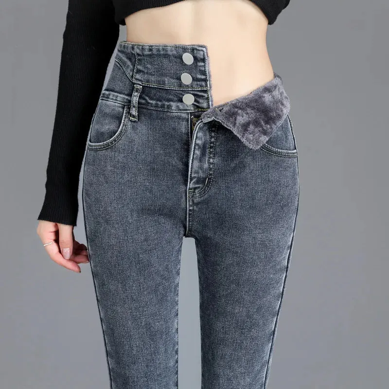 Y2k Leggings Jeans Women Velvet Thicken Warm Pencil Pants Casual High Waist Female Korean Thermal Straight Skinny Denim Trousers