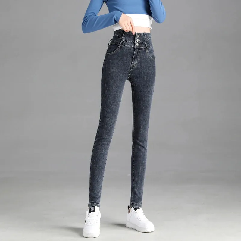 Y2k Leggings Jeans Women Velvet Thicken Warm Pencil Pants Casual High Waist Female Korean Thermal Straight Skinny Denim Trousers