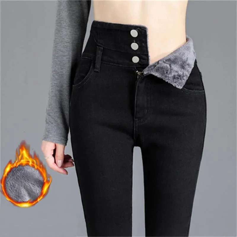 Y2k Leggings Jeans Women Velvet Thicken Warm Pencil Pants Casual High Waist Female Korean Thermal Straight Skinny Denim Trousers