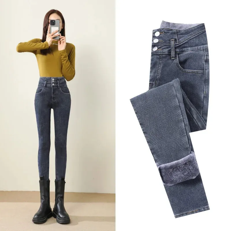 Y2k Leggings Jeans Women Velvet Thicken Warm Pencil Pants Casual High Waist Female Korean Thermal Straight Skinny Denim Trousers