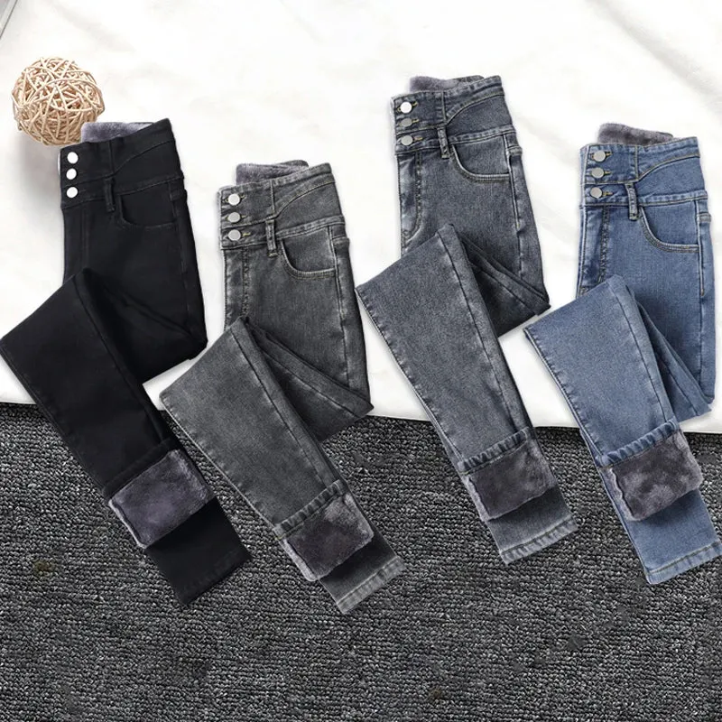 Y2k Leggings Jeans Women Velvet Thicken Warm Pencil Pants Casual High Waist Female Korean Thermal Straight Skinny Denim Trousers