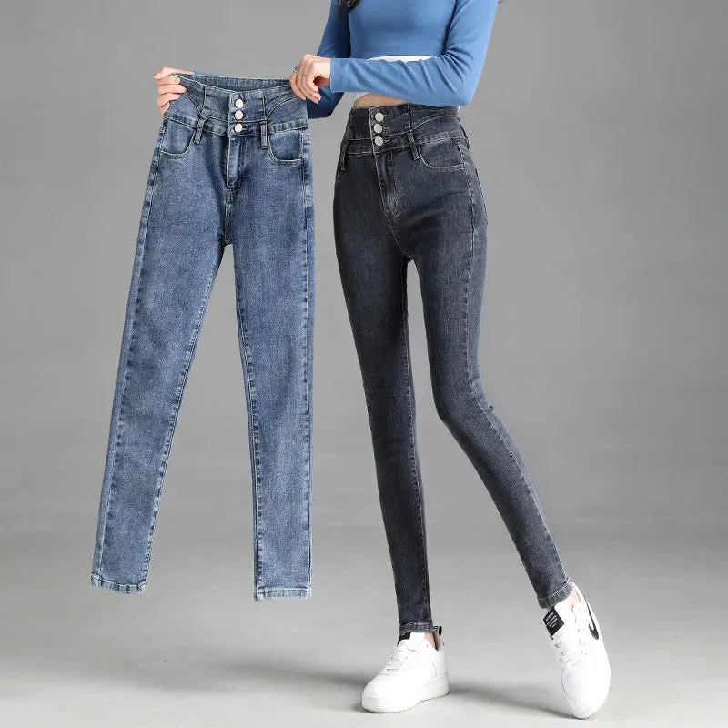 Y2k Leggings Jeans Women Velvet Thicken Warm Pencil Pants Casual High Waist Female Korean Thermal Straight Skinny Denim Trousers