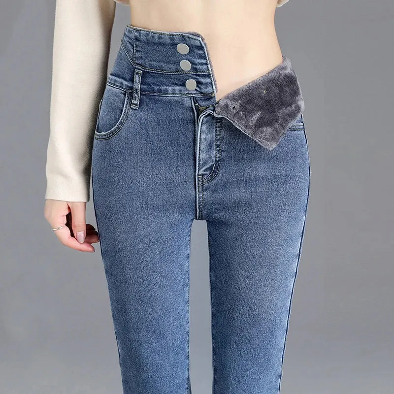 Y2k Leggings Jeans Women Velvet Thicken Warm Pencil Pants Casual High Waist Female Korean Thermal Straight Skinny Denim Trousers